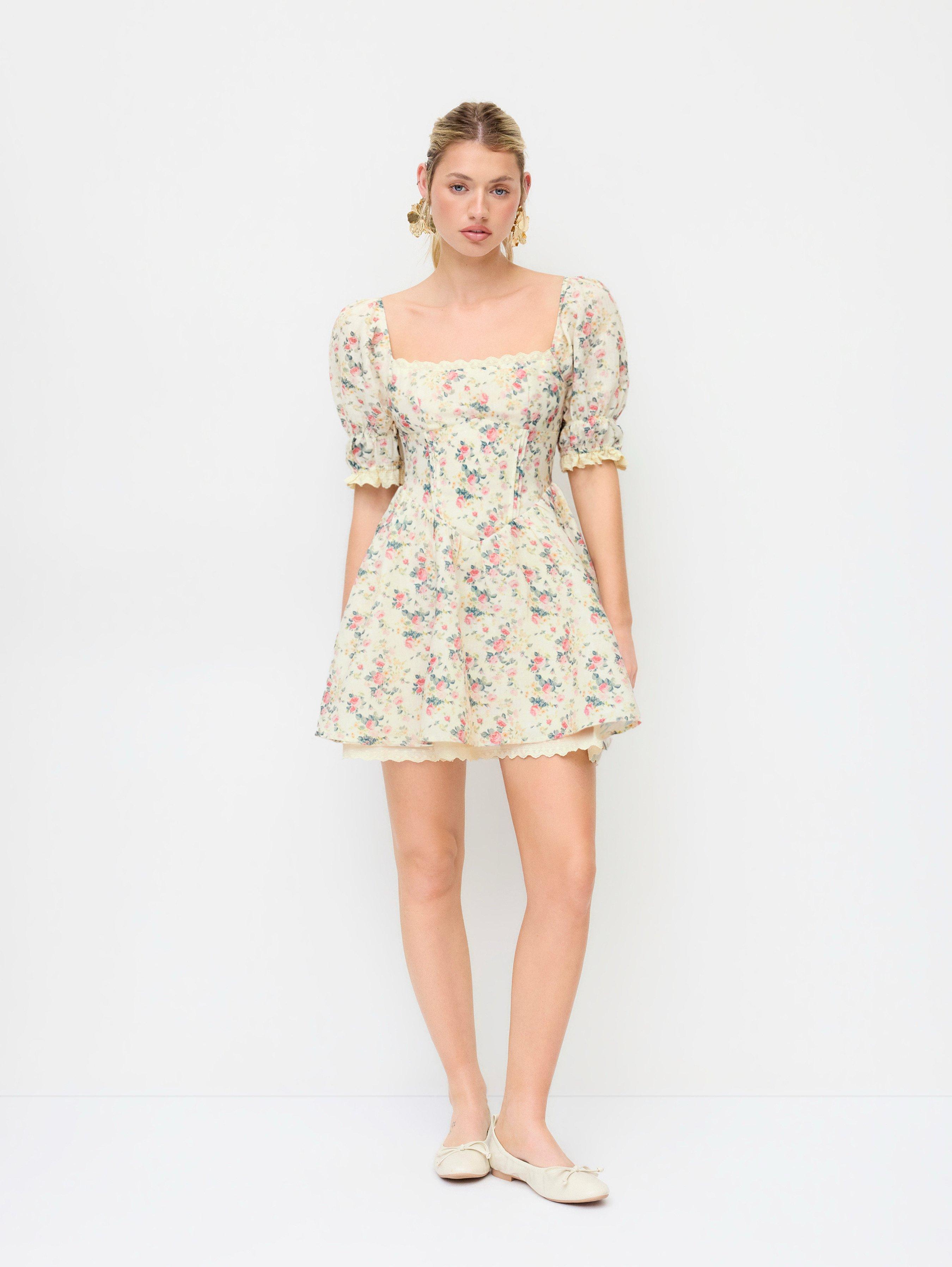 Floral Square Neck Puff Sleeve Shirred Babydoll Mini Dress by CIDER