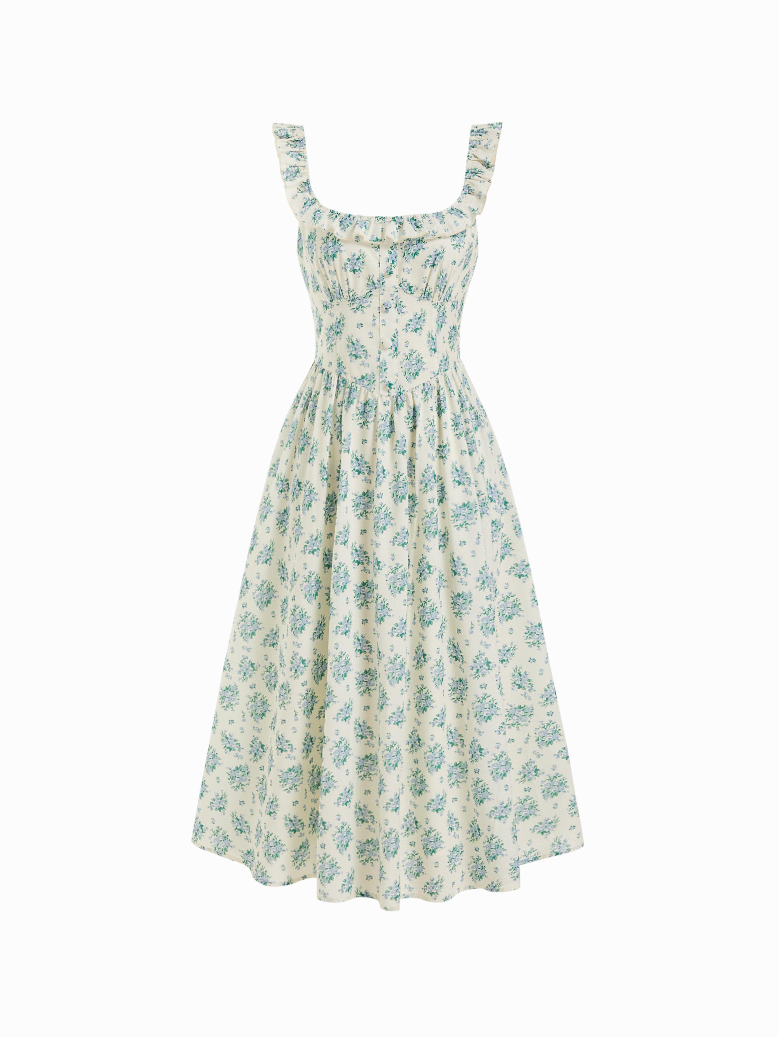 Floral Square Neck Ruffled Tie Back A-line Maxi Dress by CIDER