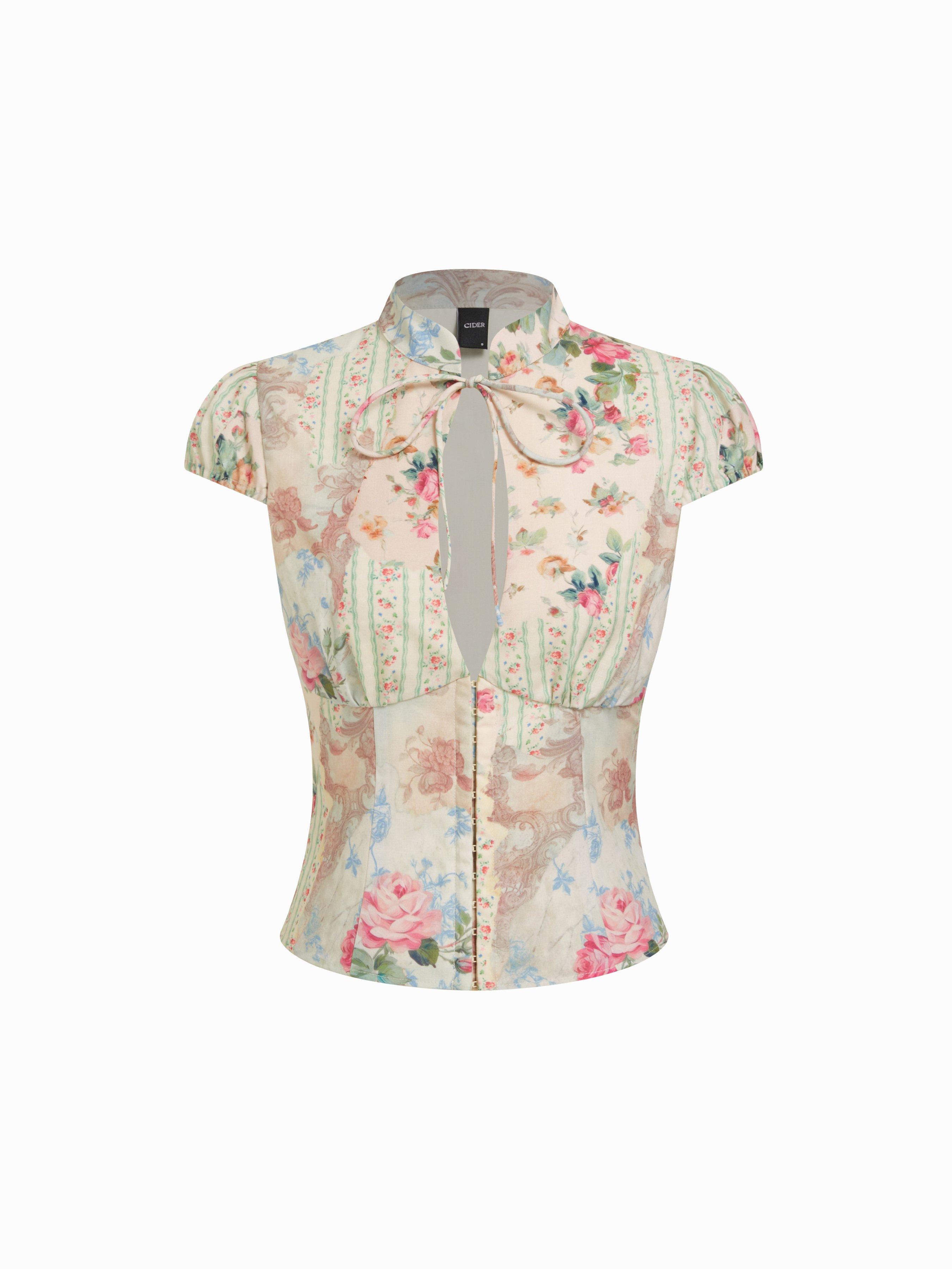 Floral Stand Collar Puff Sleeve Cut Out Tie Front Blouse by CIDER
