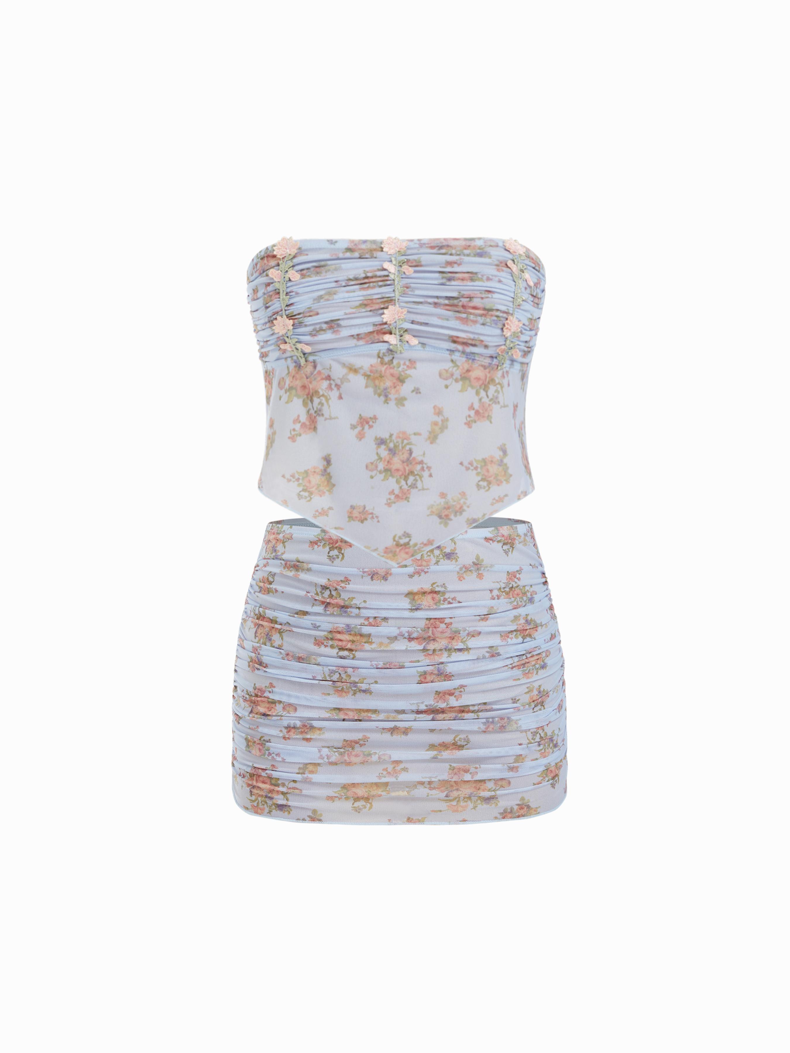 Floral Strapless Ruched Appliques Bandeau Top & Low Rise Skirt Cover Up Set by CIDER