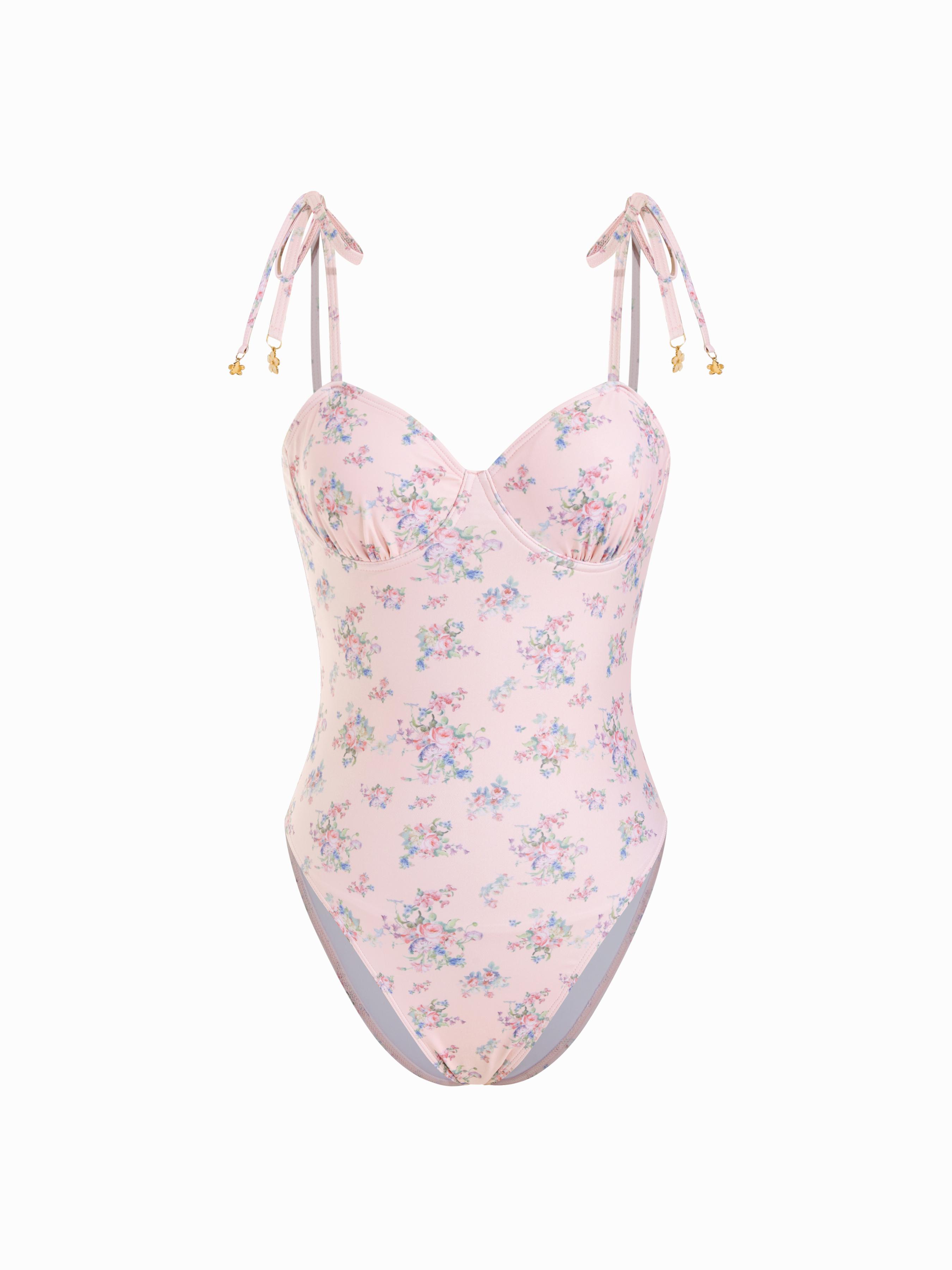Floral Sweetheart High Stretch Ruched One-piece Swimsuit With Flower Metal Detail by CIDER