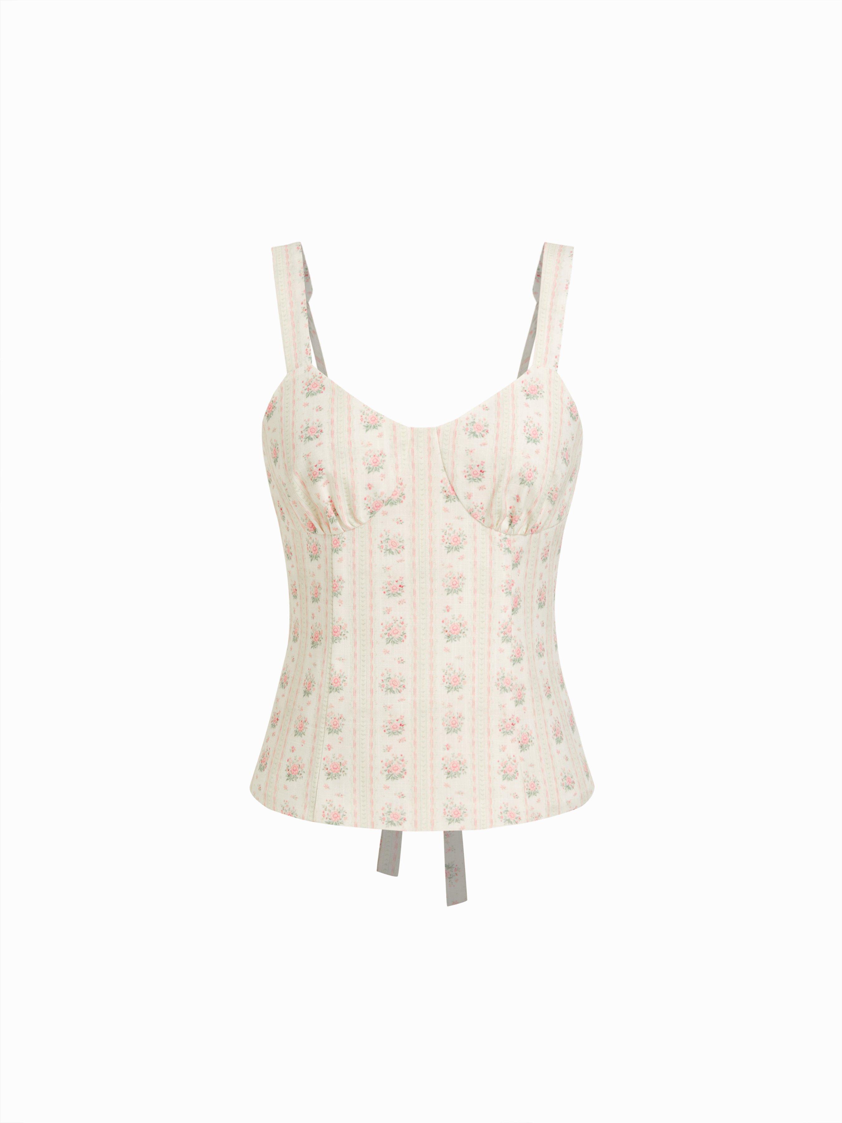 Floral Sweetheart Neck Bowknot Tank Blouse by CIDER