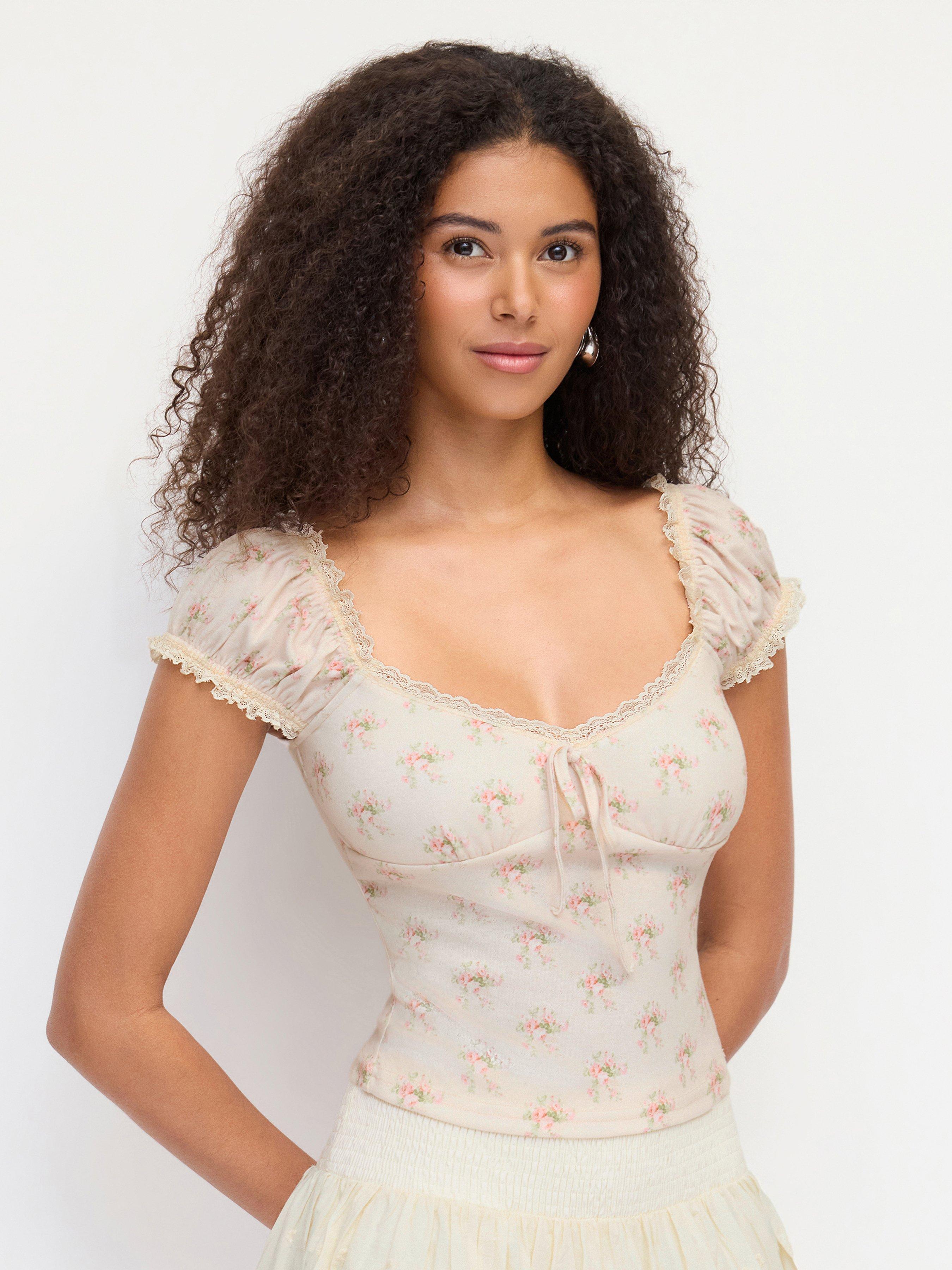 Floral Sweetheart Neckline Ruched Lace Trim Tie Front Top by CIDER