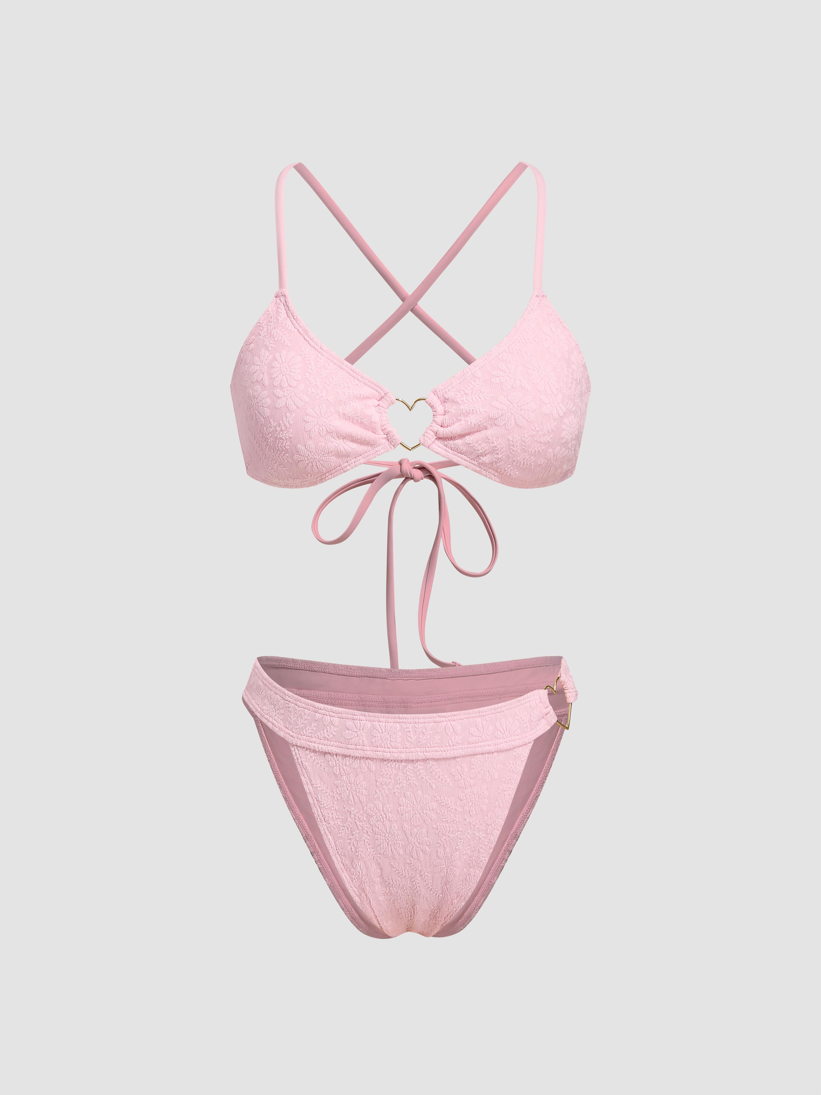 Floral Texture Heart Linked Criss Cross Bikini Swimsuit by CIDER