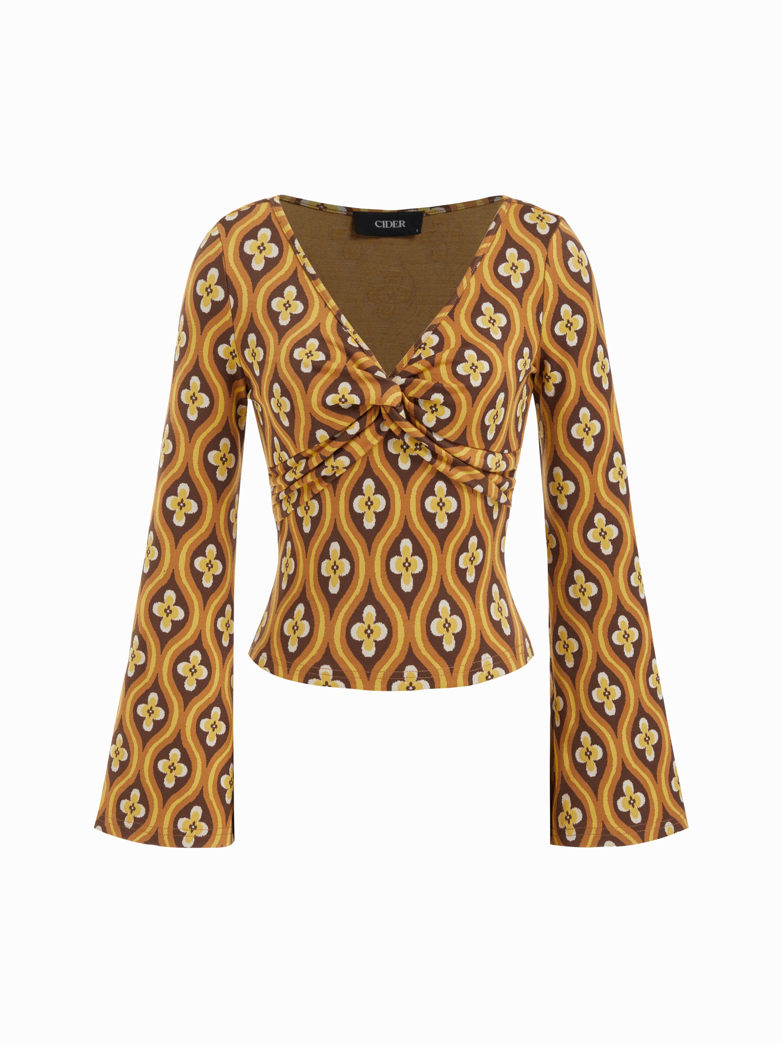Floral V-Neck Bell Sleeve Twist Top by CIDER