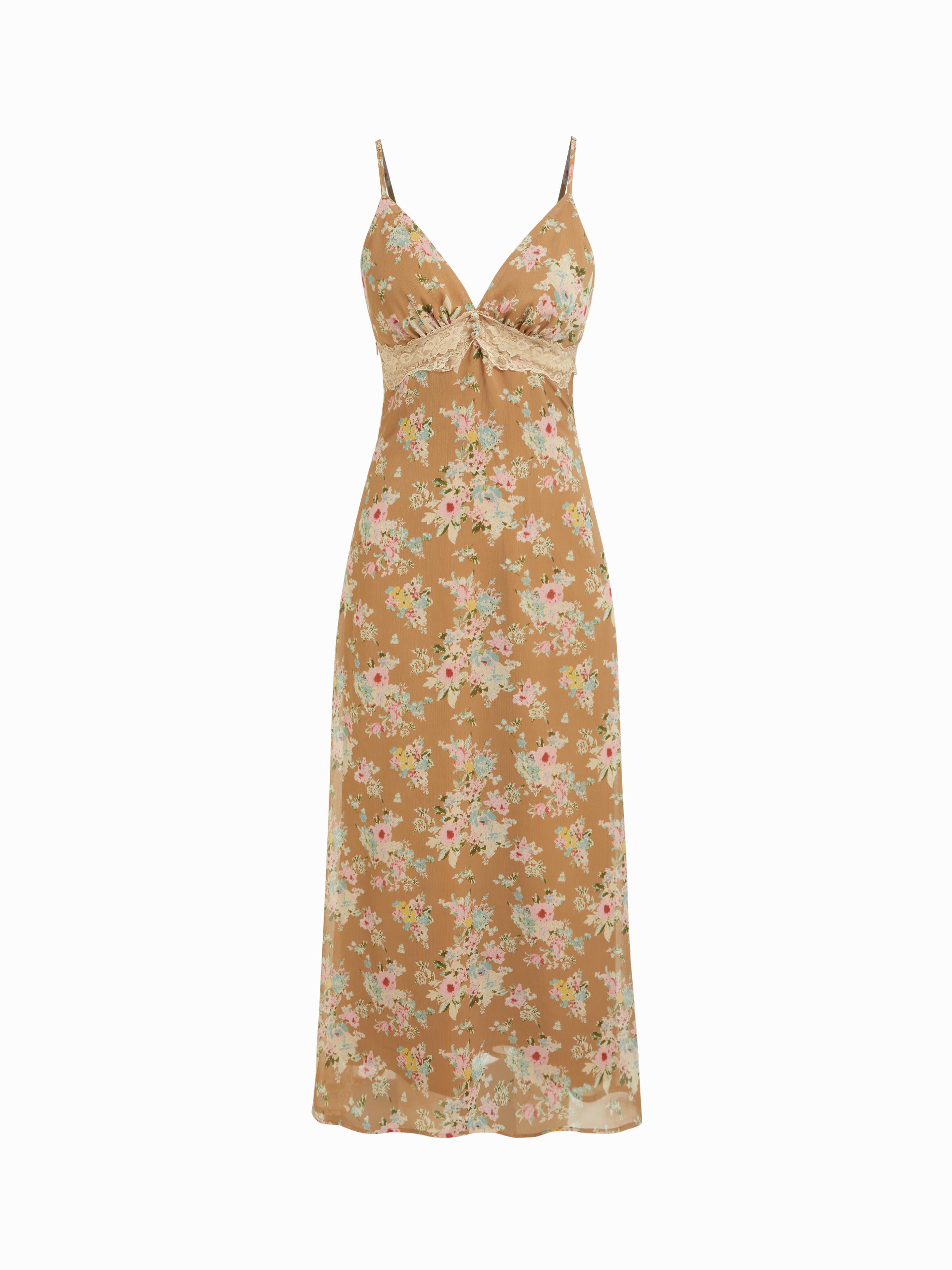 Floral V-neck Ruched Lace Slip Maxi Dress by CIDER