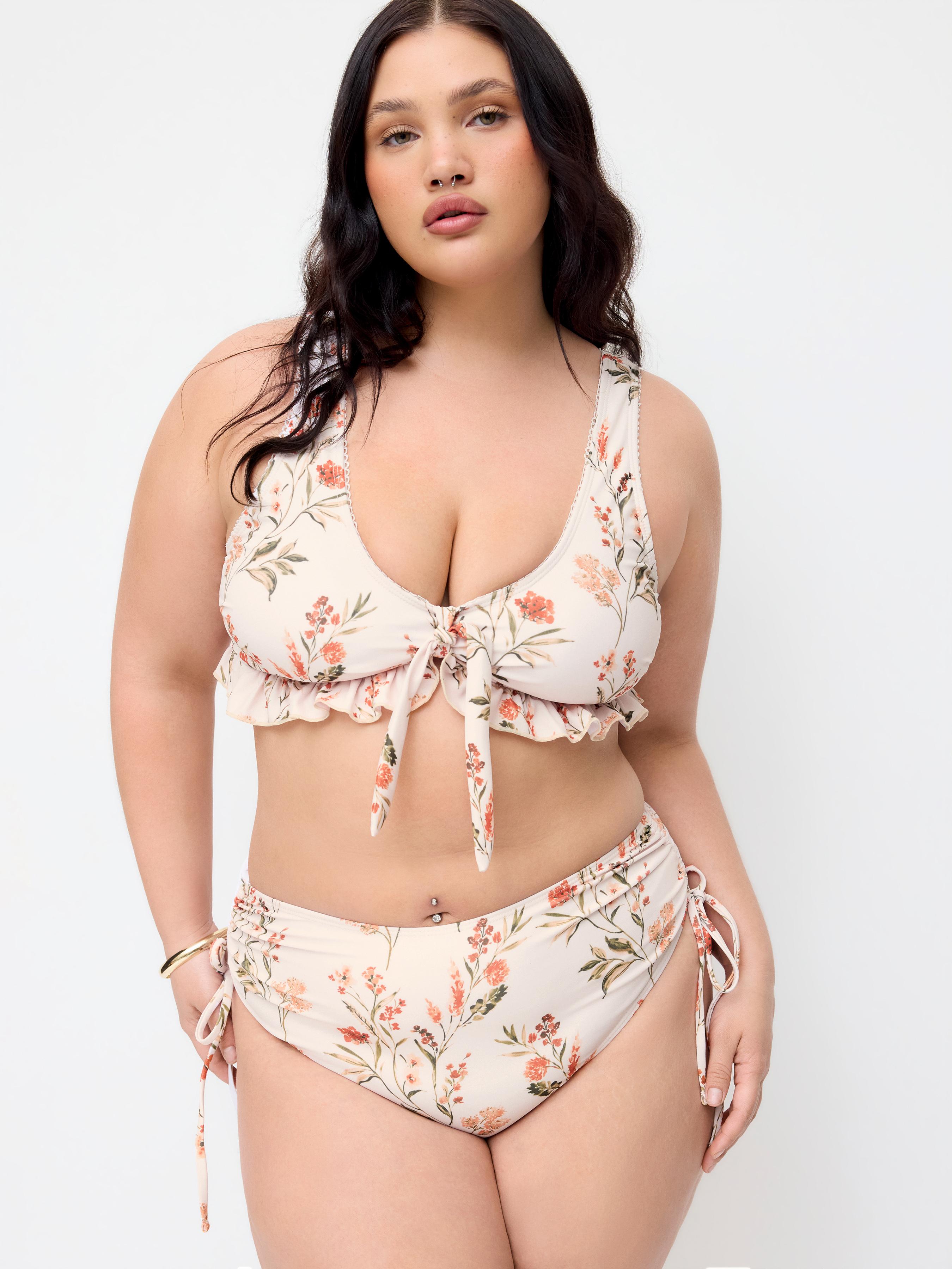 Floral V-neck Ruffle Hem Tie Front Bracelet Top & Mid Rise Bikini Bottom Set Curve & Plus by CIDER