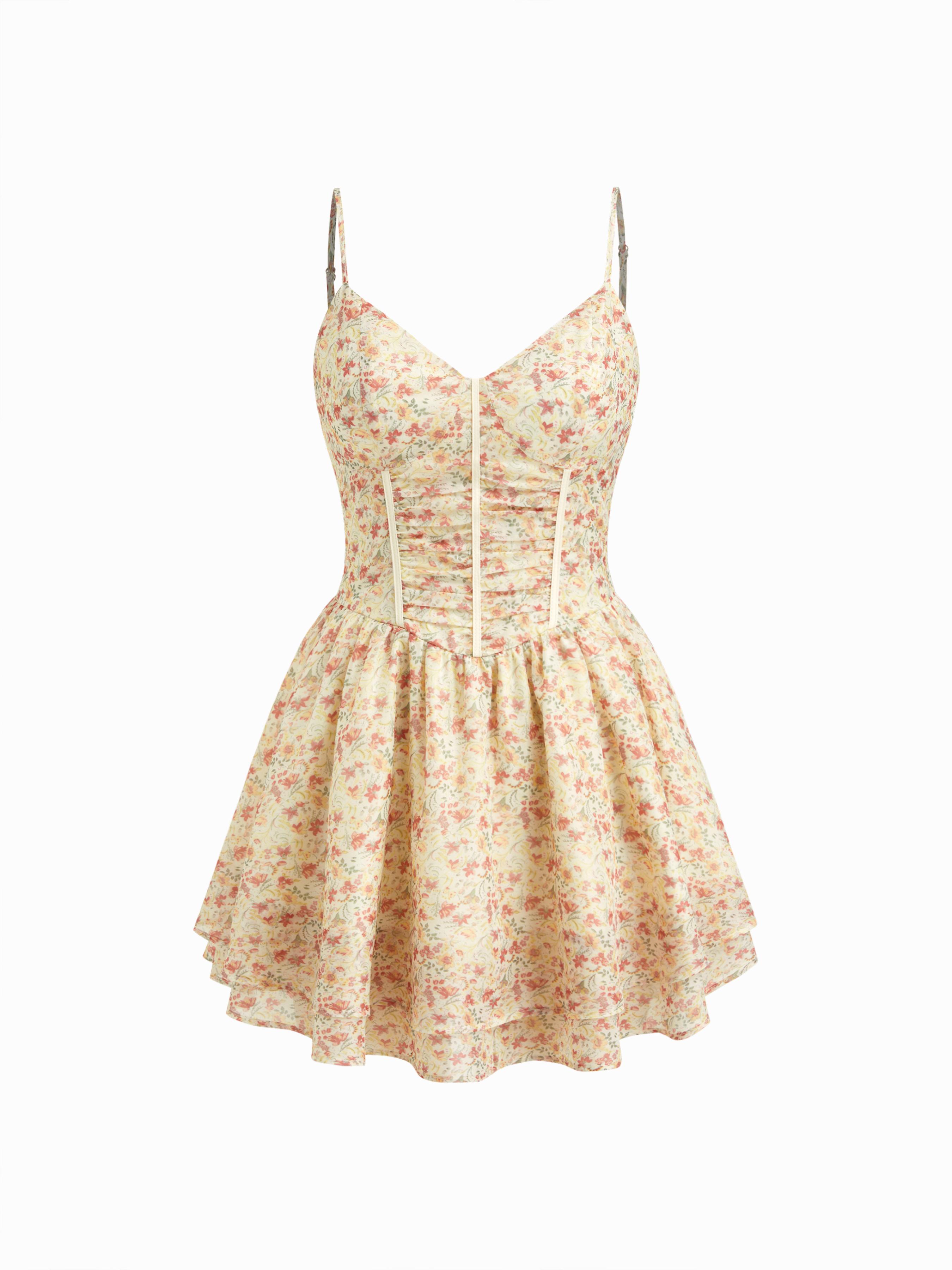 Floral V-neck Ruffle Layered Cami Mini Dress by CIDER