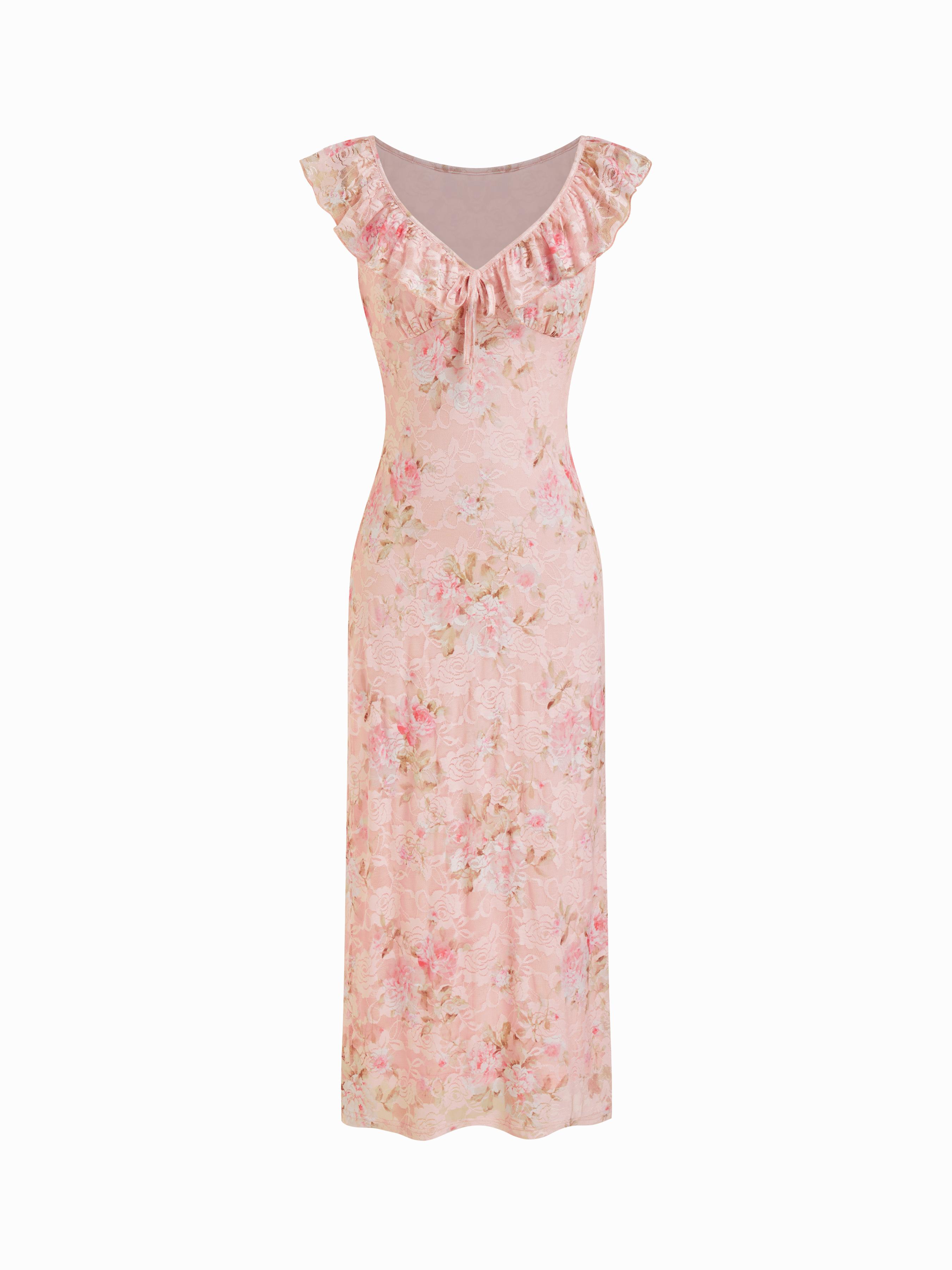 Floral V-neck Ruffled Sleeve Straight Midi Dress by CIDER