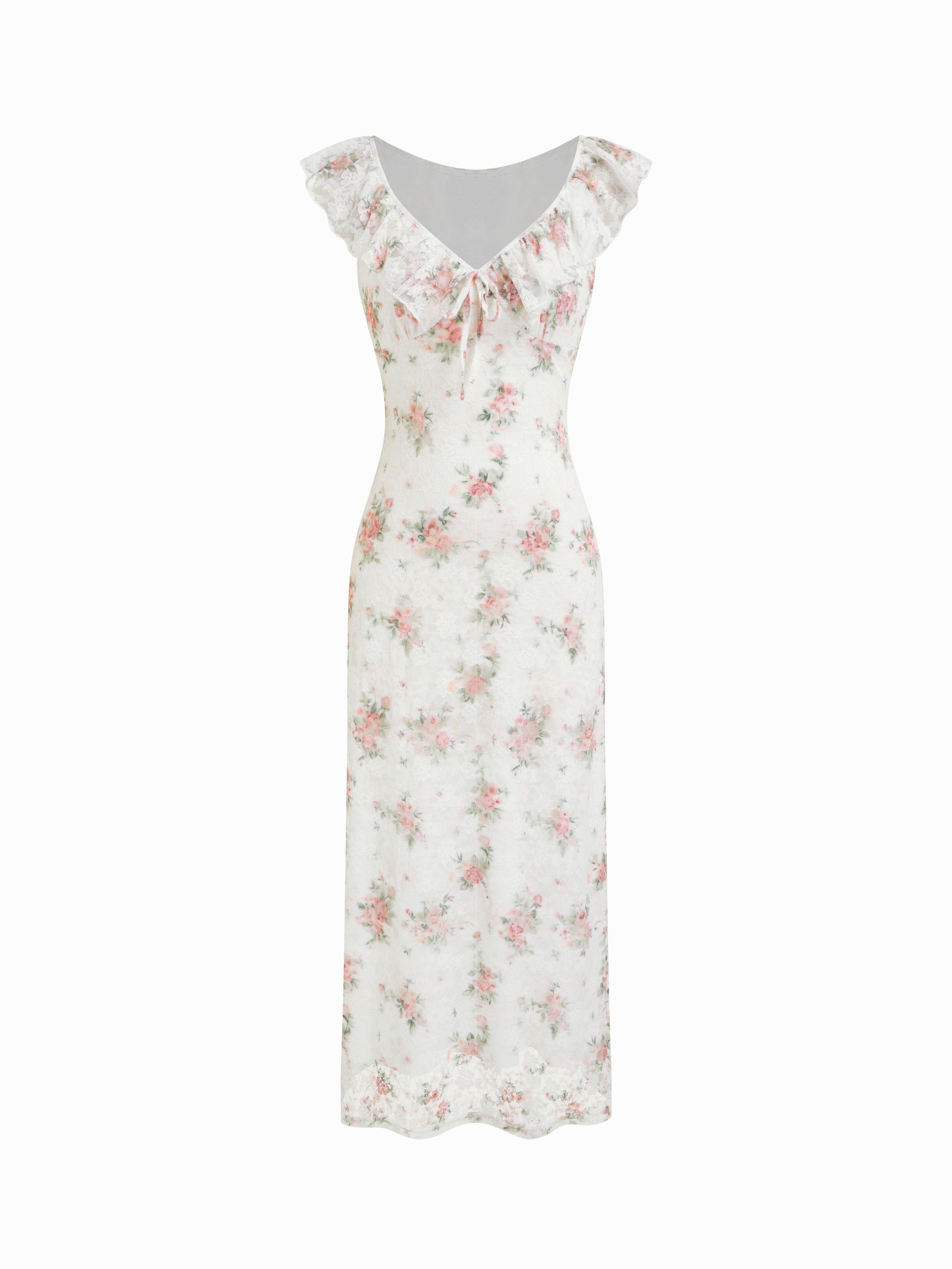 Floral V-neck Ruffled Sleeve Straight Midi Dress by CIDER