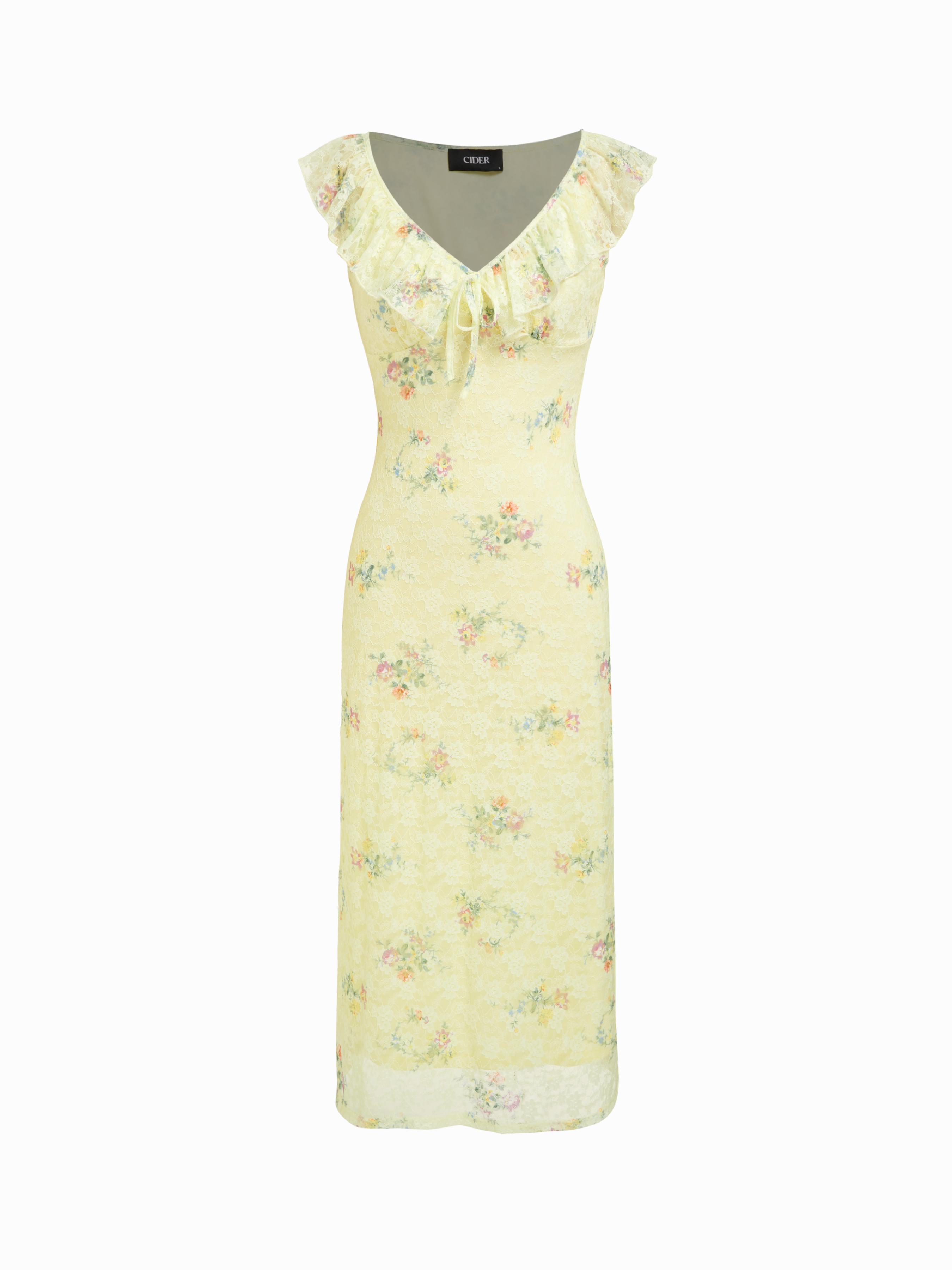 Floral V-neck Ruffled Sleeve Straight Midi Dress by CIDER