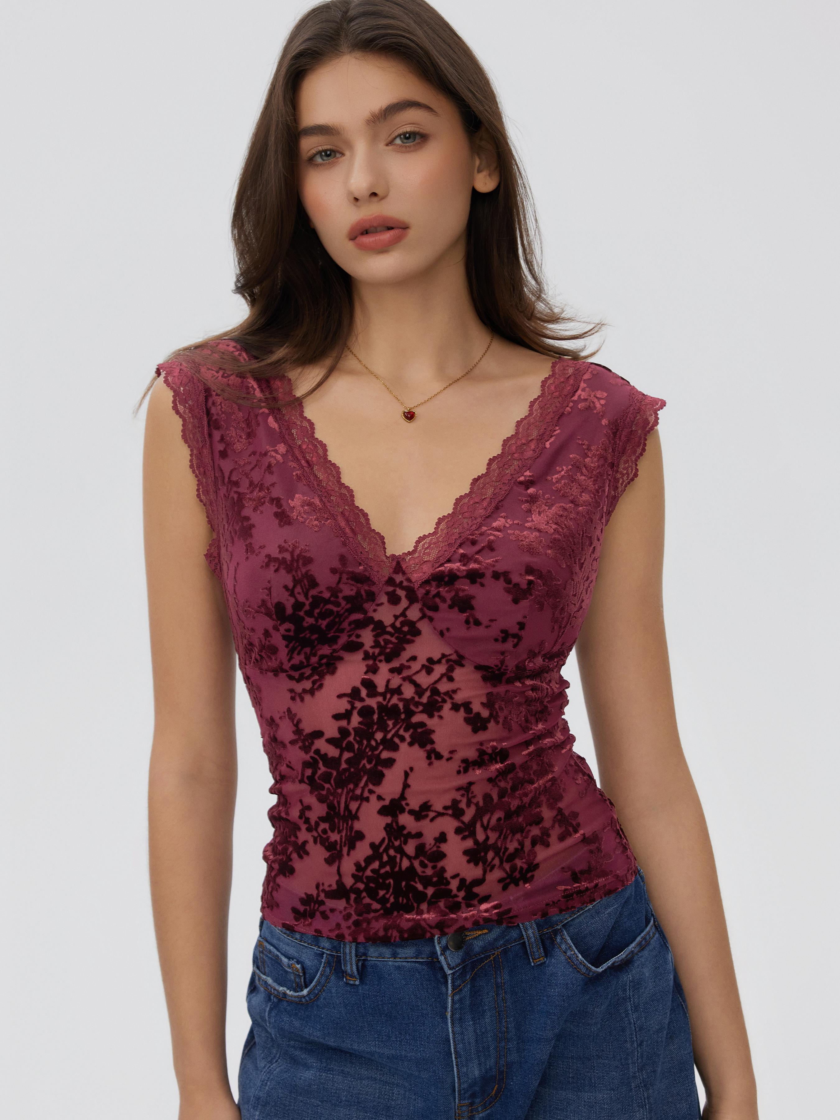 Florales Spitzenpanel V-Ausschnitt Ärmelloses Top by CIDER