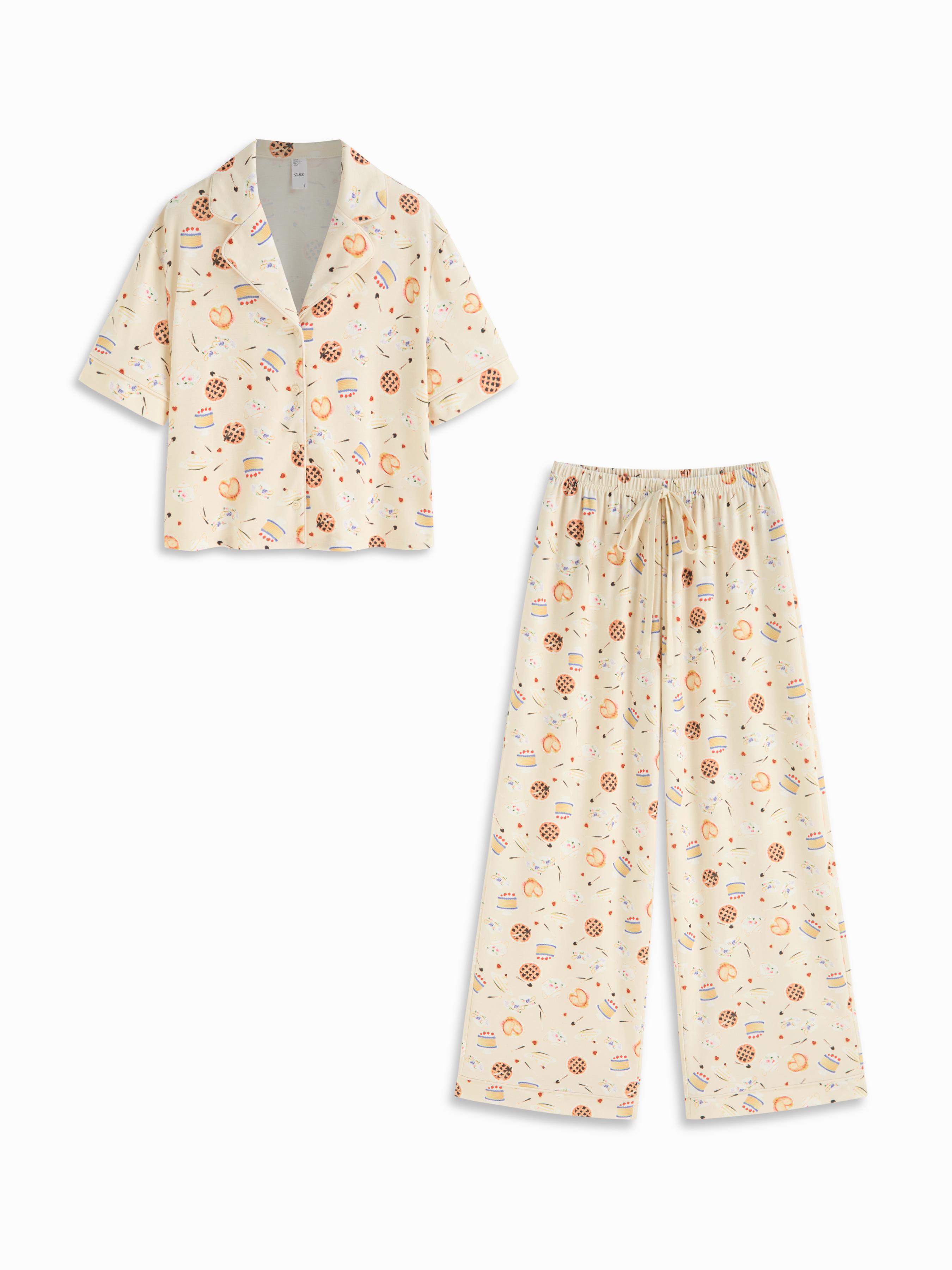 Food Graphic Collar Oversized Cropped Top & Mid Rise Drawstring Wide Leg Trousers Loungewear Set by CIDER