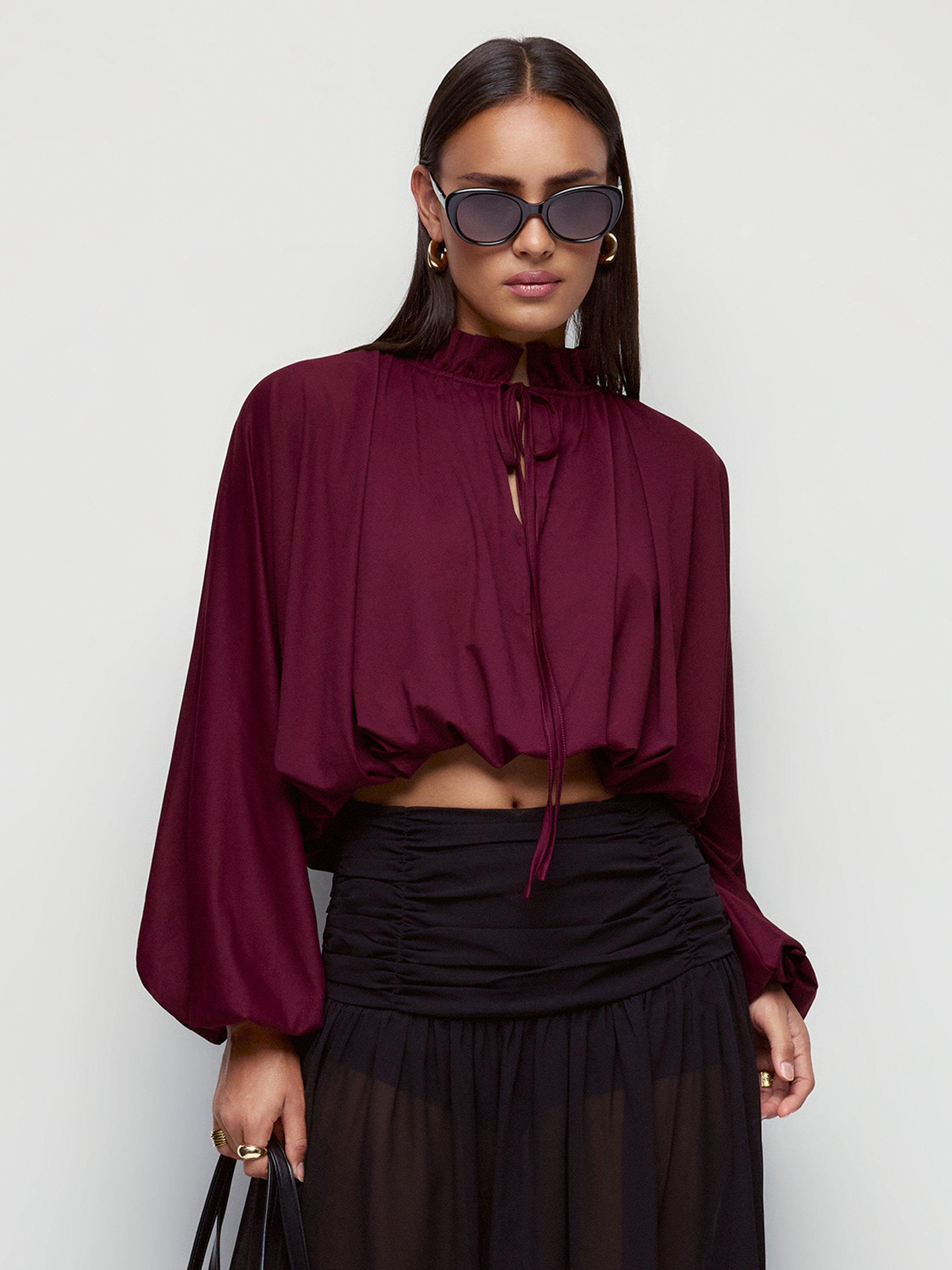 Frilled Stand Collar Short Sleeve Knotted Bubble Hem Oversized Crop Top by CIDER