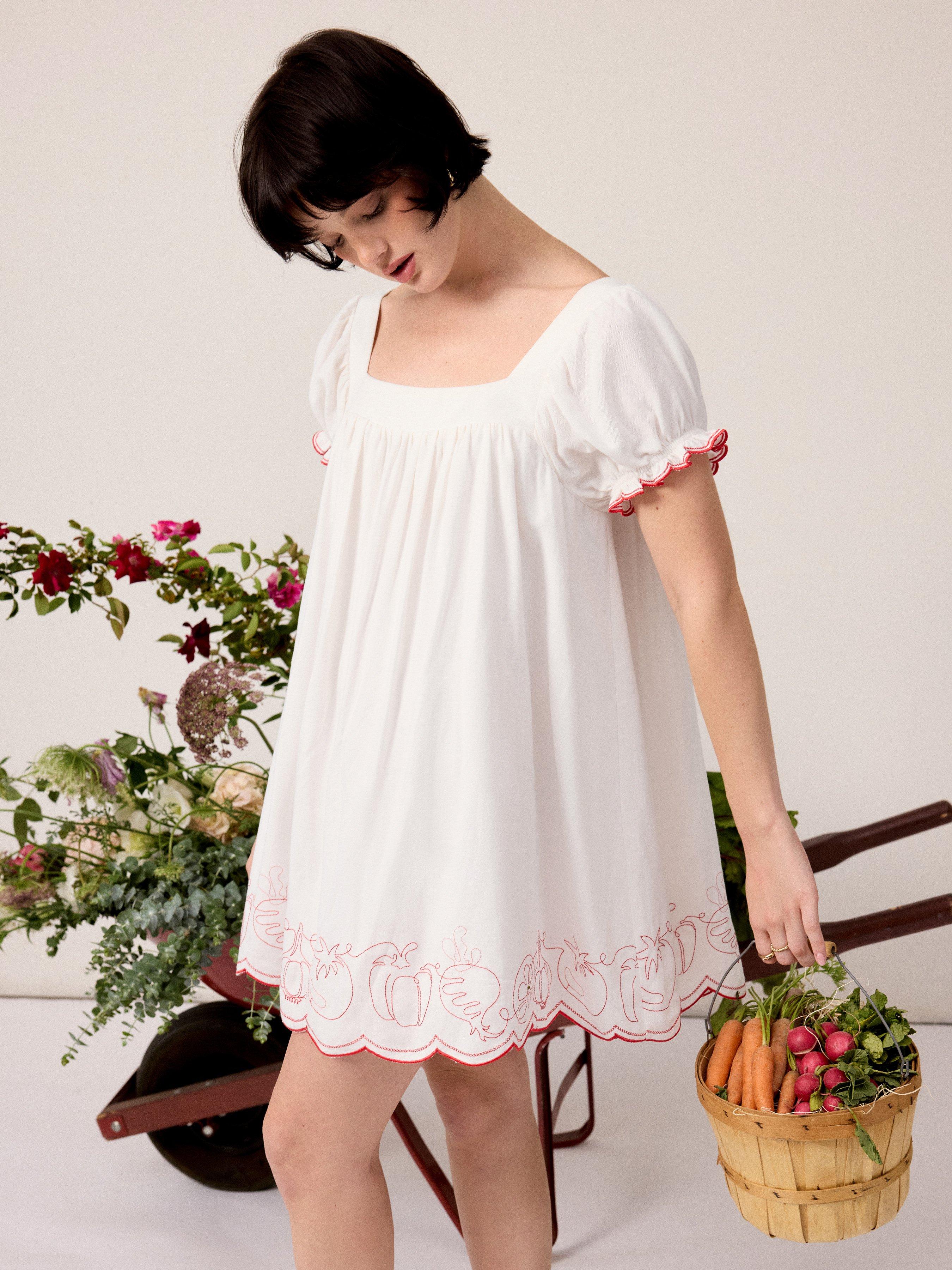 Fruit Embroidery Square Neck Puff Sleeve Babydoll Smock Mini Dress by CIDER
