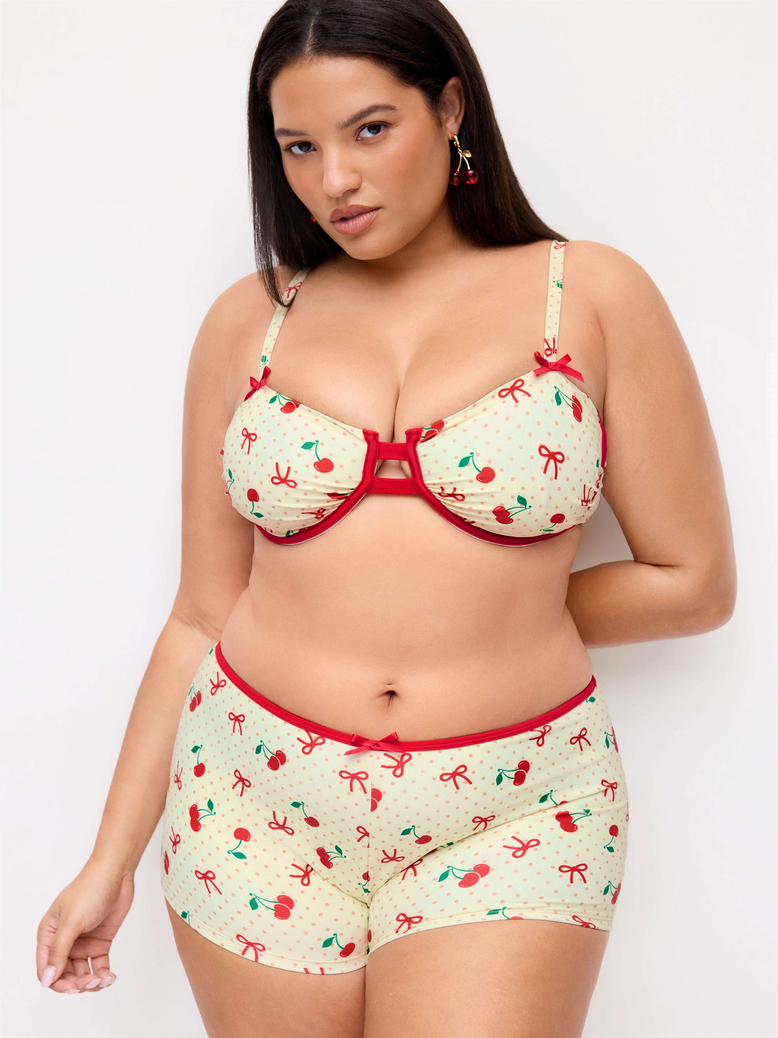 Fruit Graphic Sweetheart Contrasting Binding Underwire Top & Mid Rise Shorts Bikini Set Curve & Plus by CIDER