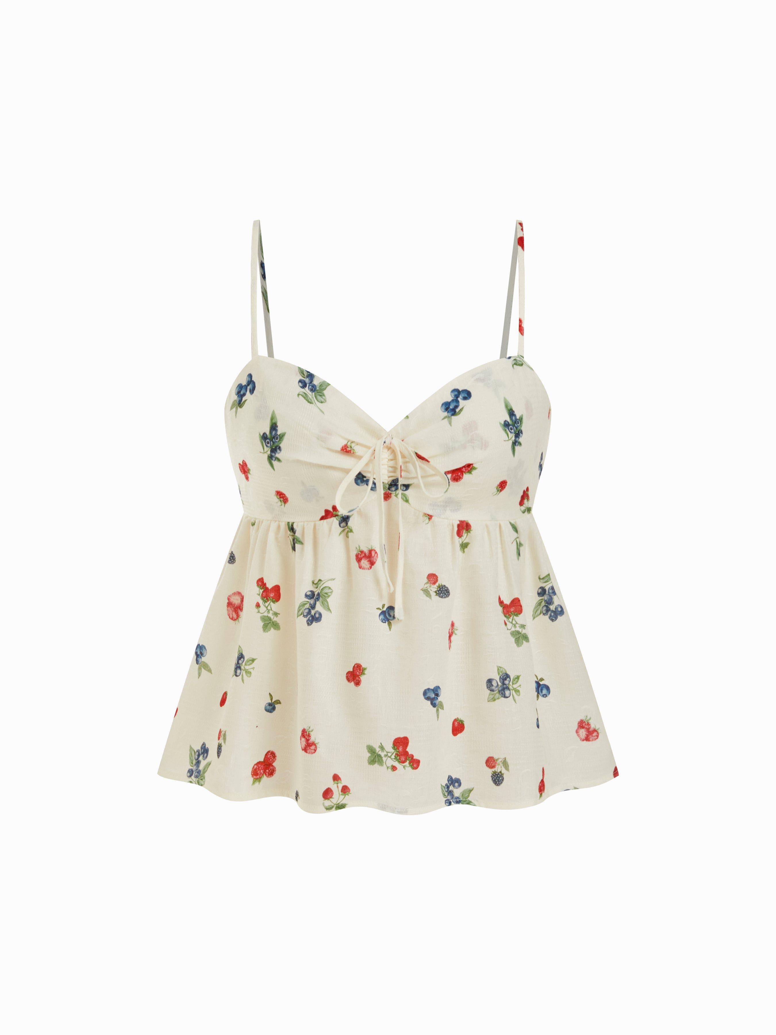 Fruit Graphic Sweetheart Neck Knotted Ruched Babydoll Cami Blouse by CIDER