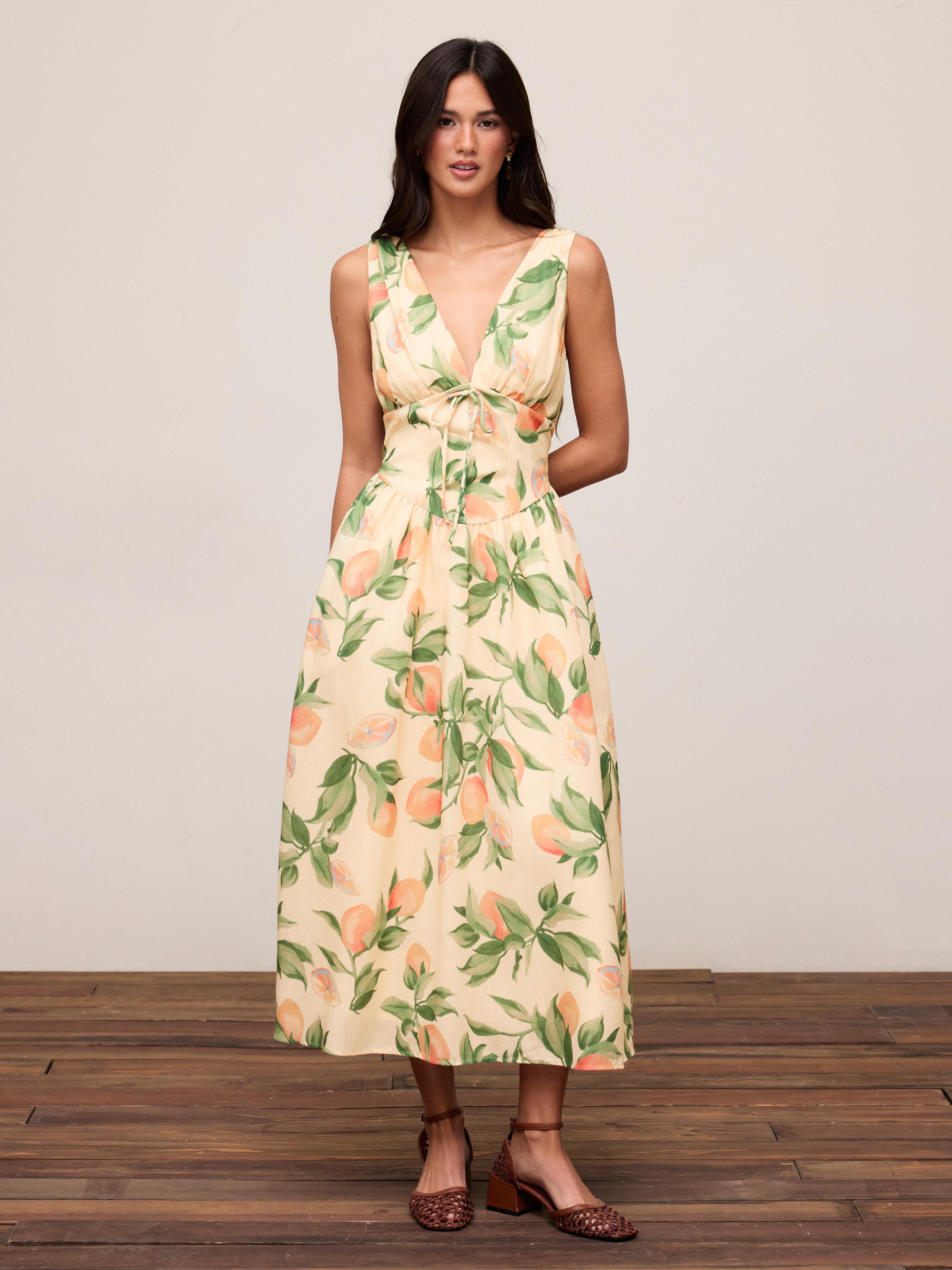 Fruit Graphic V-neck High Rise Draped Flared Maxi Dress by CIDER