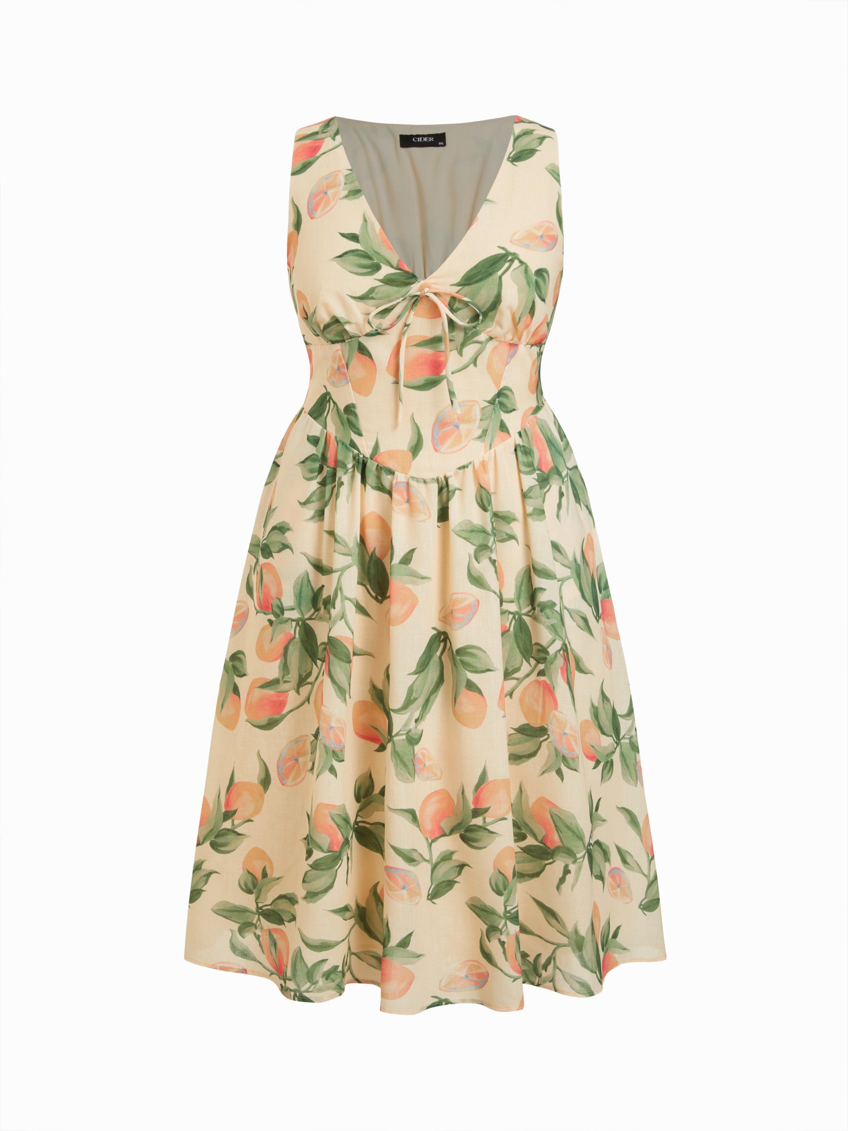 Fruit Graphic V-neck High Rise Draped Flared Maxi Dress Curve & Plus by CIDER