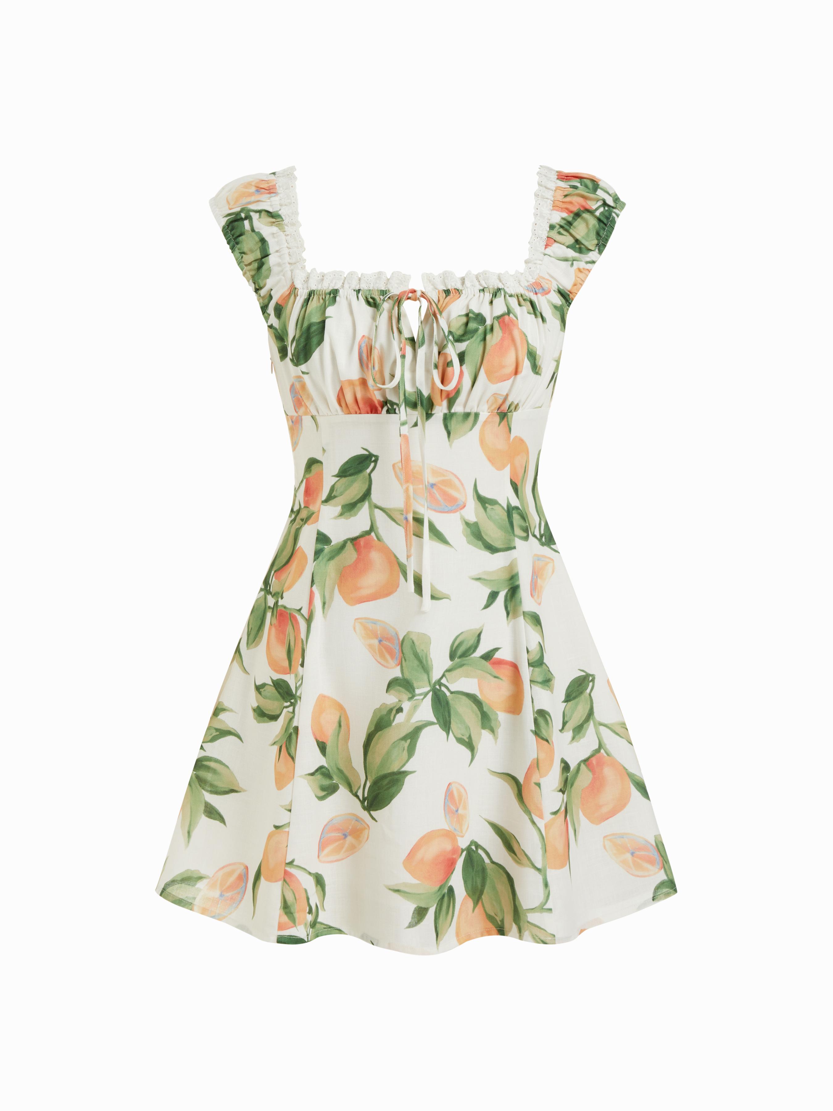 Fruit Print Ruched Knotted Square Neckline A-line Mini Dress by CIDER