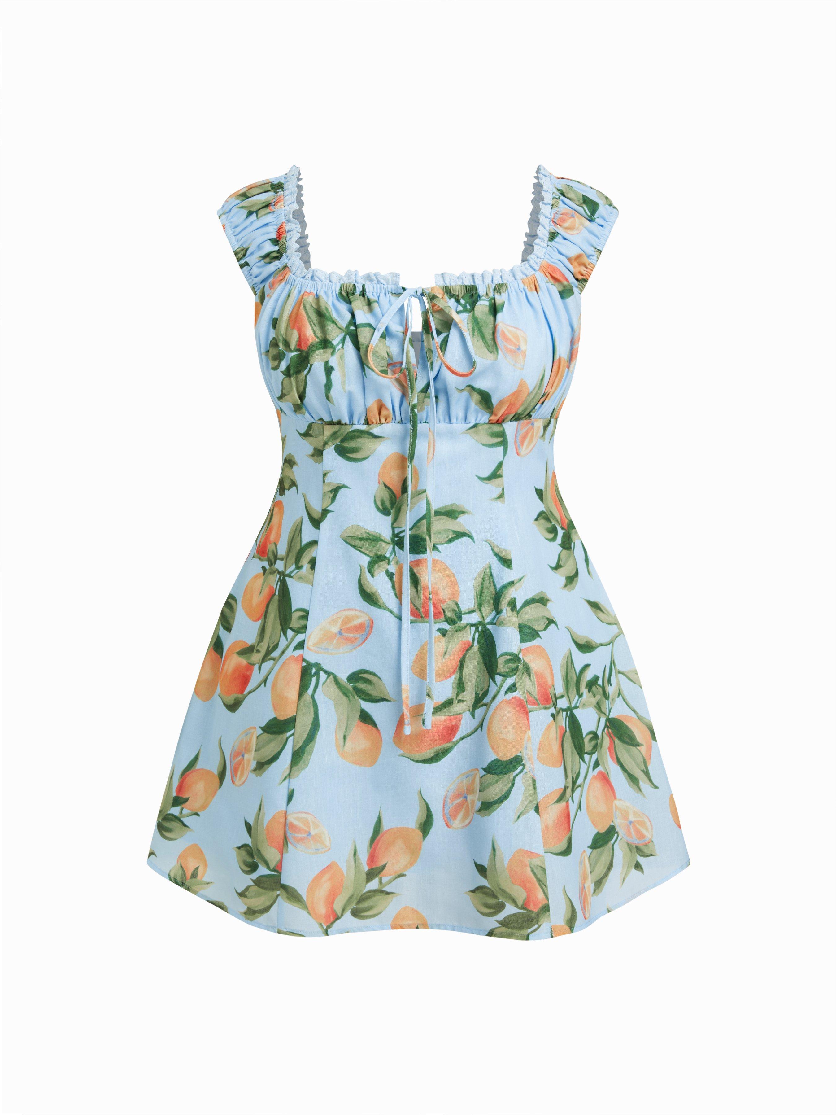 Fruit Print Ruched Knotted Square Neckline A-line Mini Dress Curve & Plus by CIDER