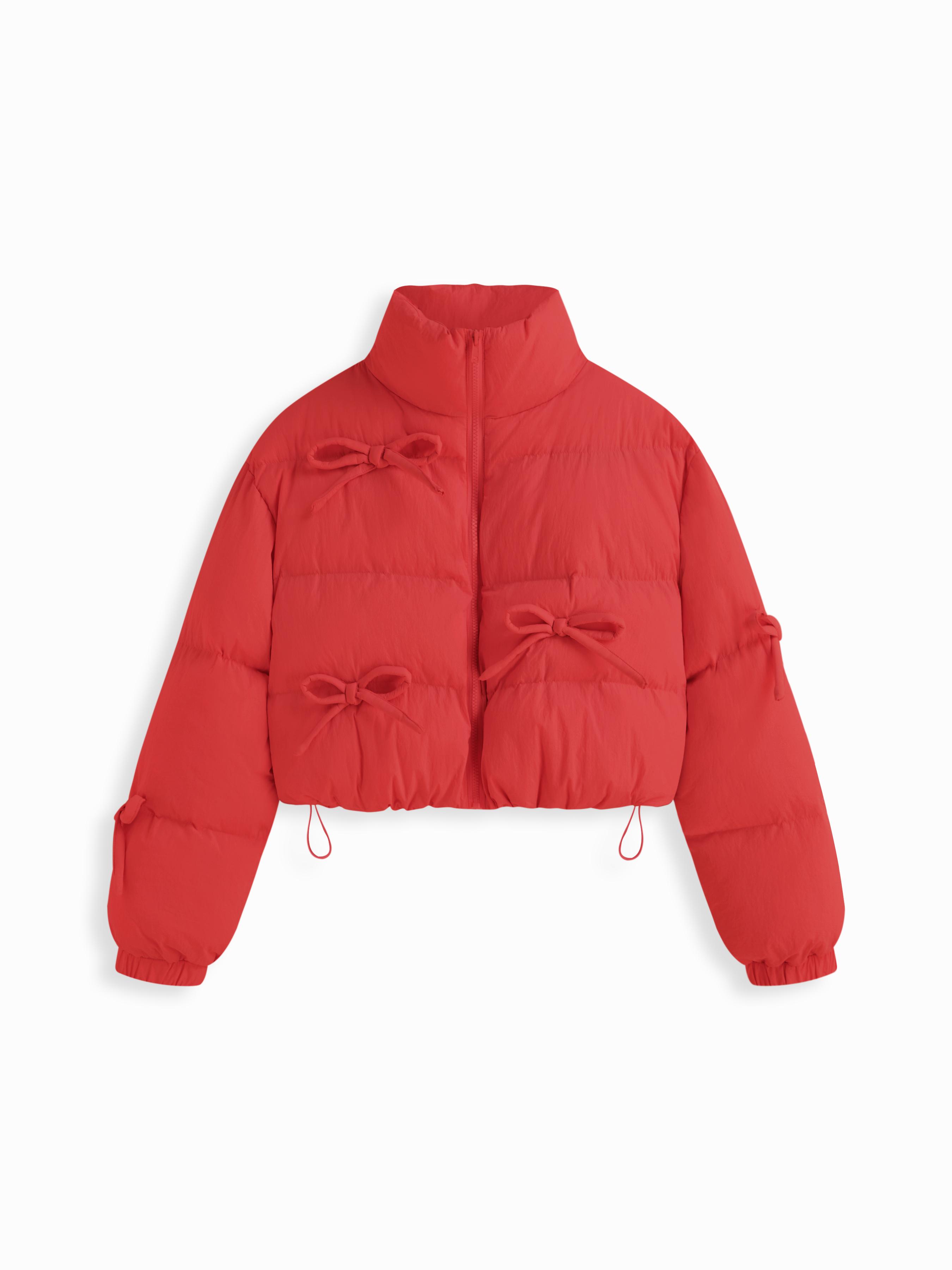Funnel Neck Bowknot Drawstring Zip Through Puffer by CIDER