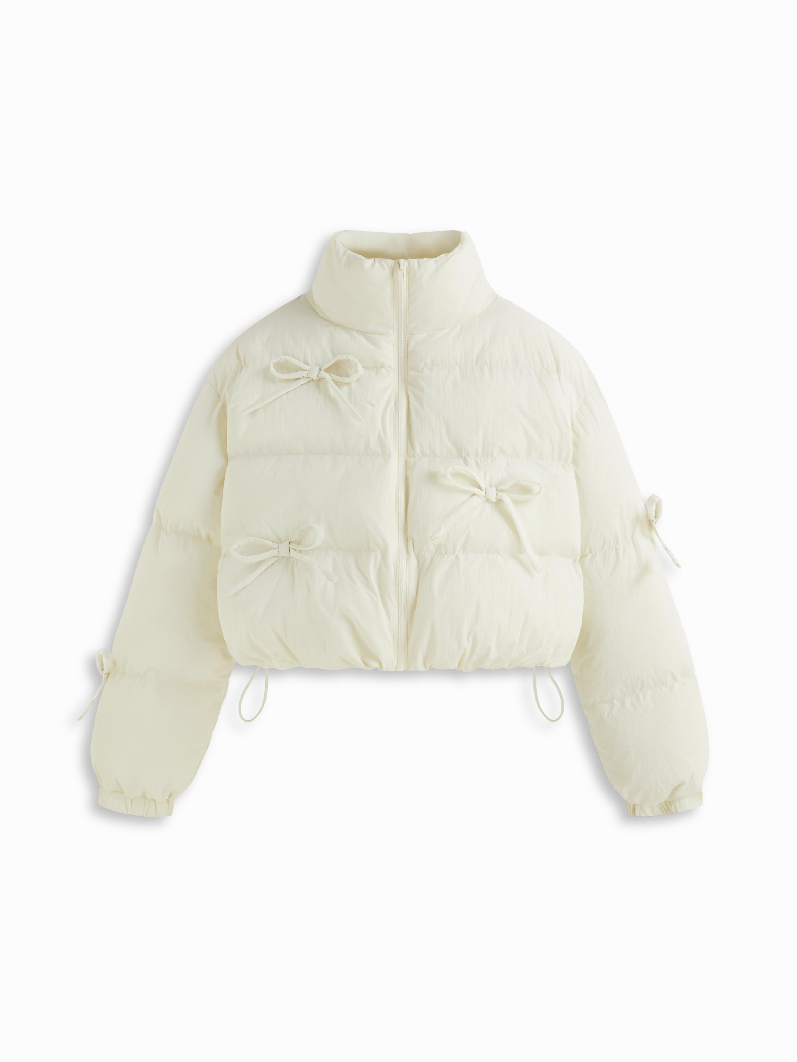 Funnel Neck Bowknot Drawstring Zip Through Puffer by CIDER