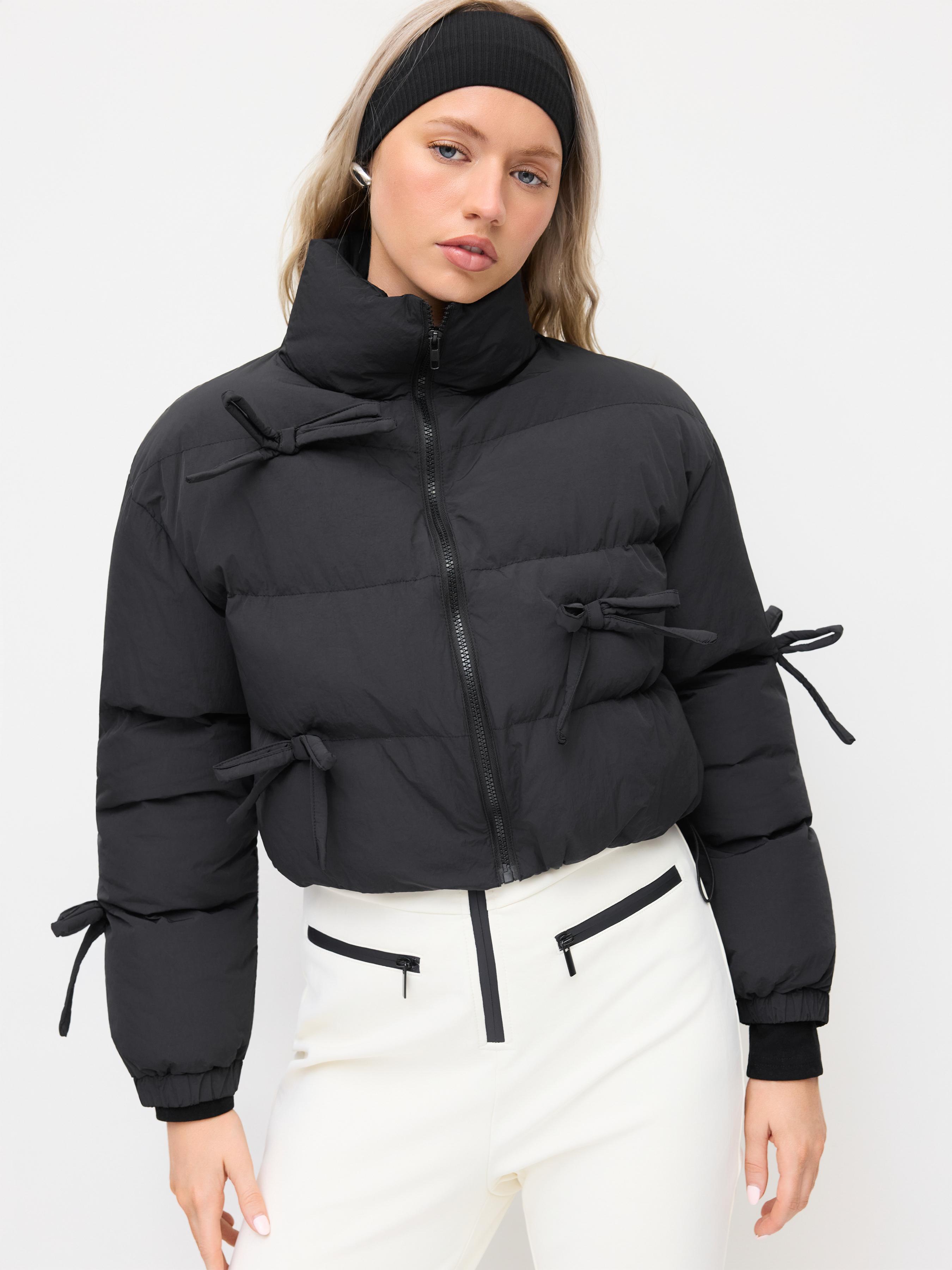 Funnel Neck Bowknot Drawstring Zip Through Puffer by CIDER