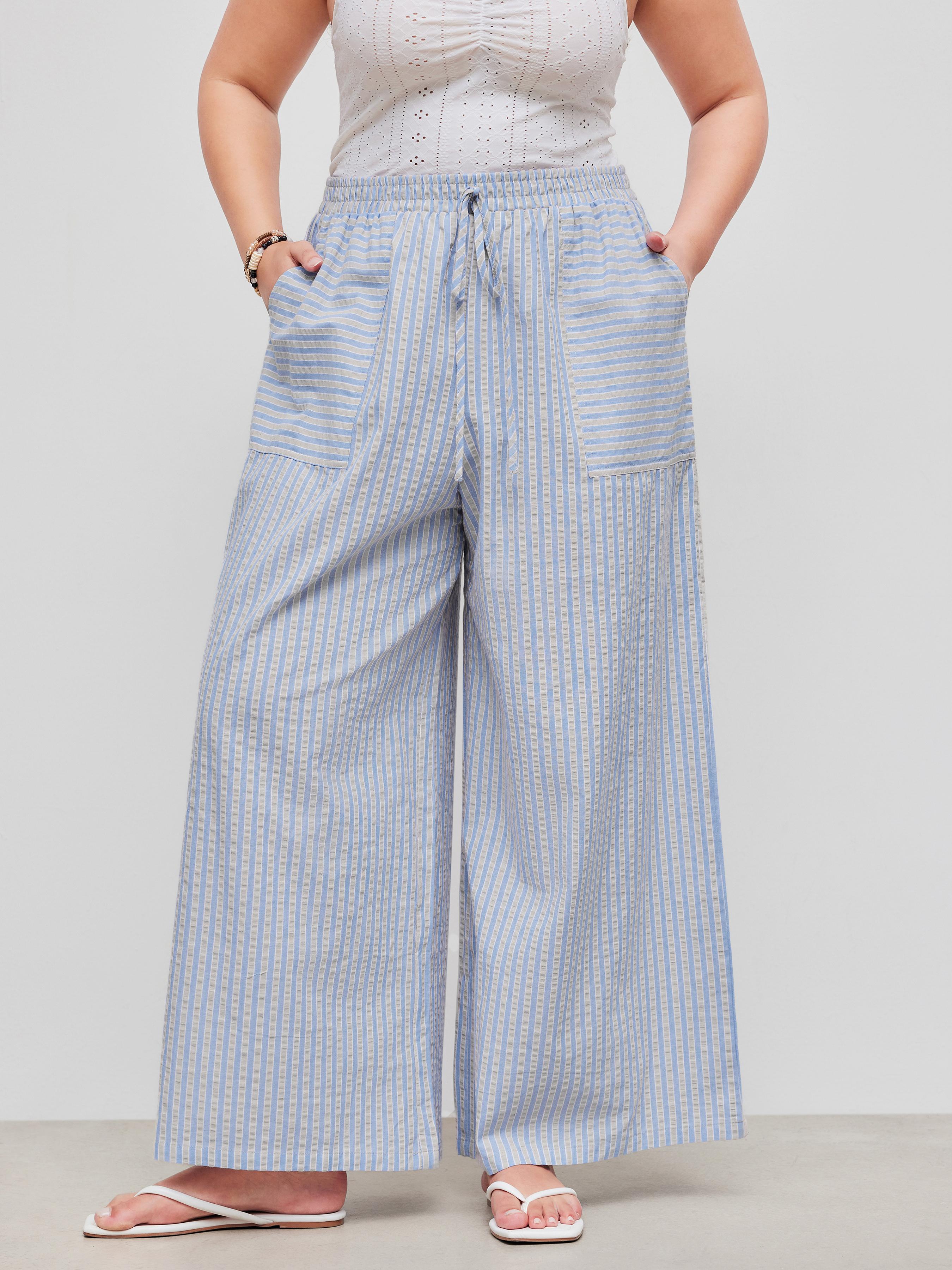 Gewebte Mittelbund-Hosen mit elastischem Bund, Streifen und Taschen, breiten Beinen Kurve & Plus by CIDER