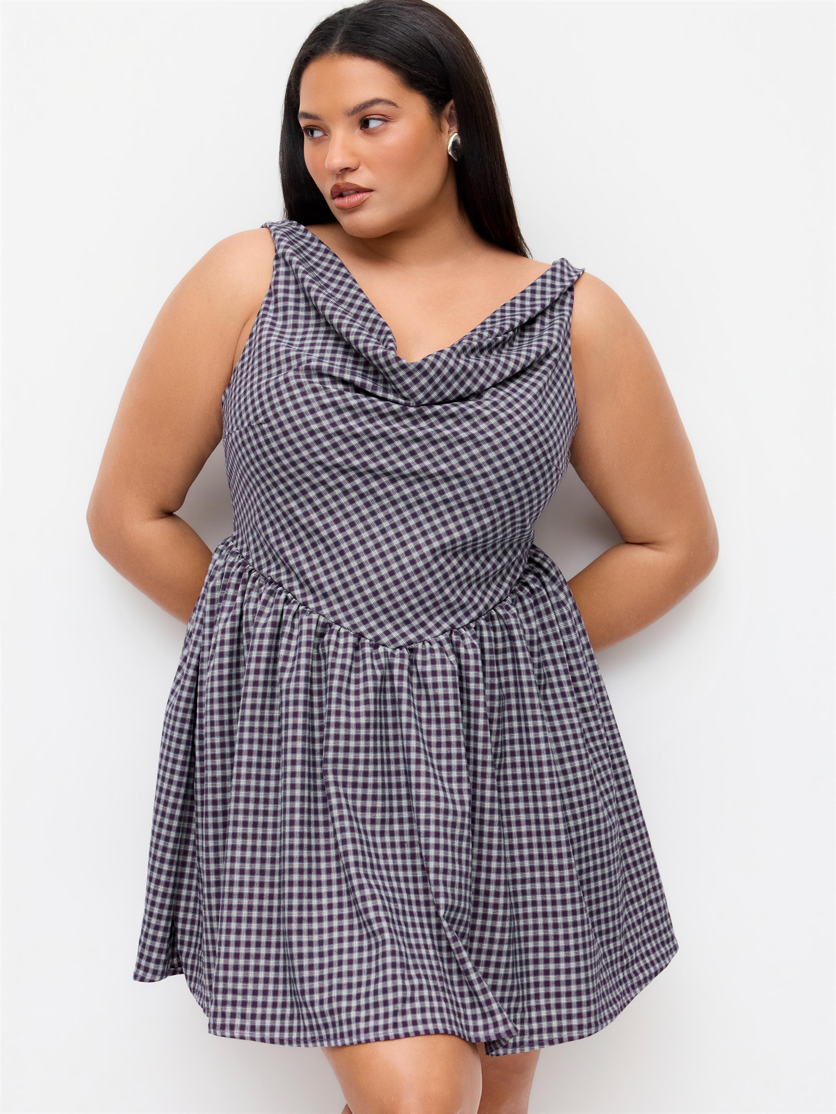 Gingham Cowl Neck Shirred A-line Mini Dress Curve & Plus by CIDER