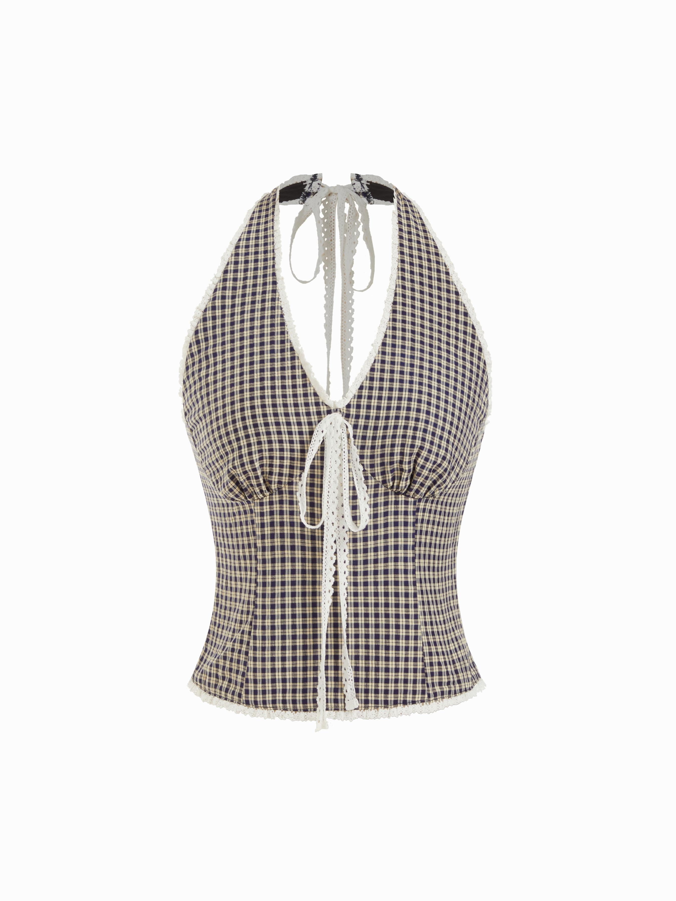Gingham Halter Neck Lace Trim Bowknot Slim Crop Top by CIDER