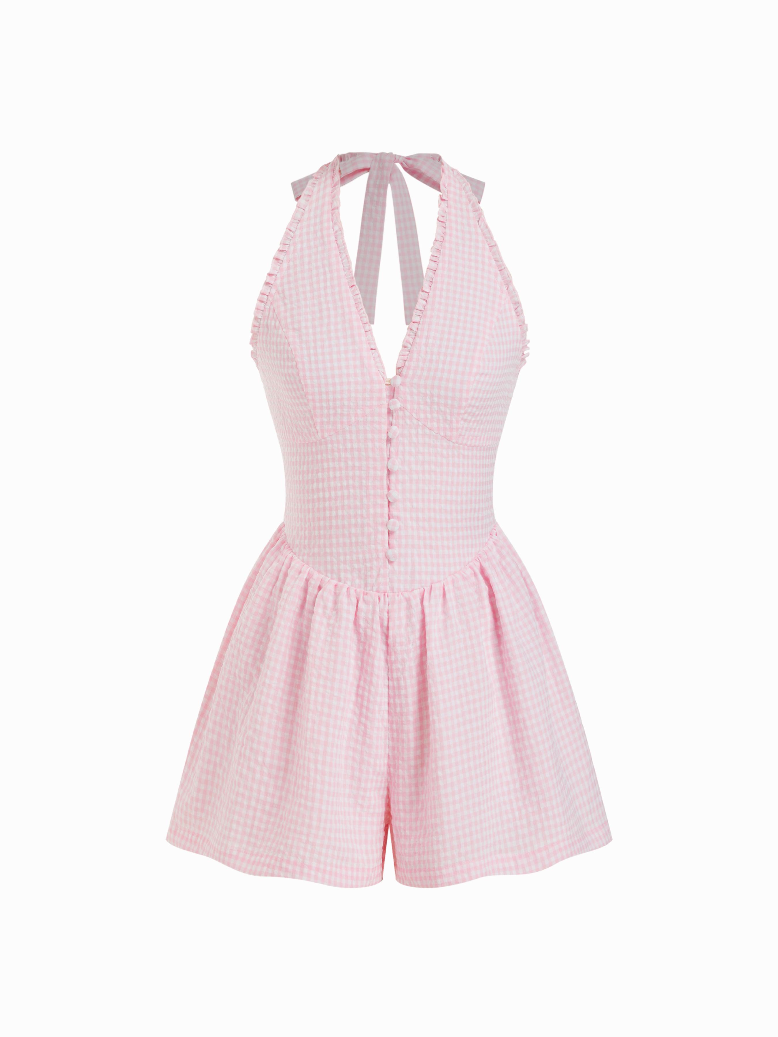 Gingham Halter Neckline Shirred Romper by CIDER