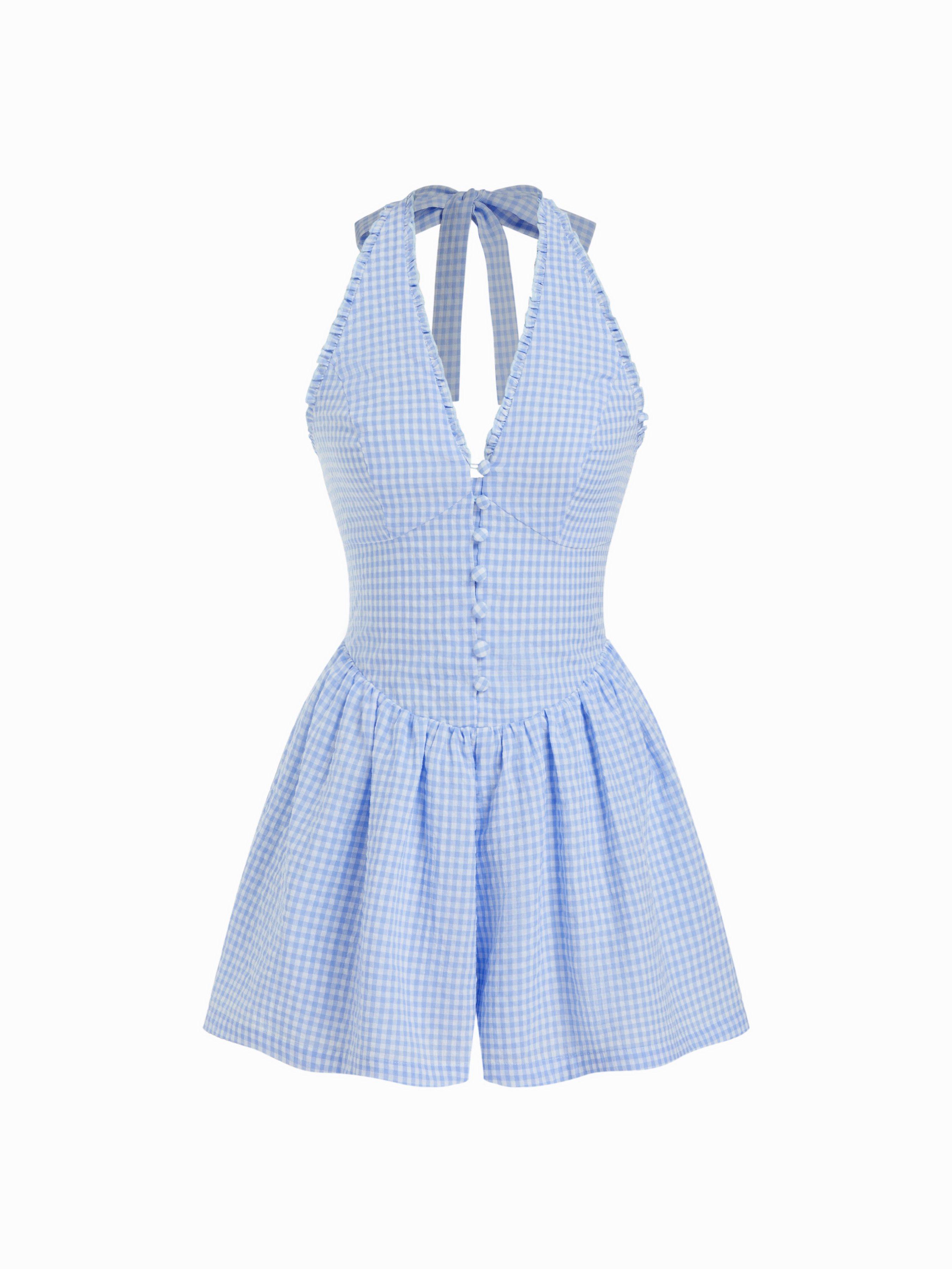 Gingham Halter Neckline Shirred Romper by CIDER