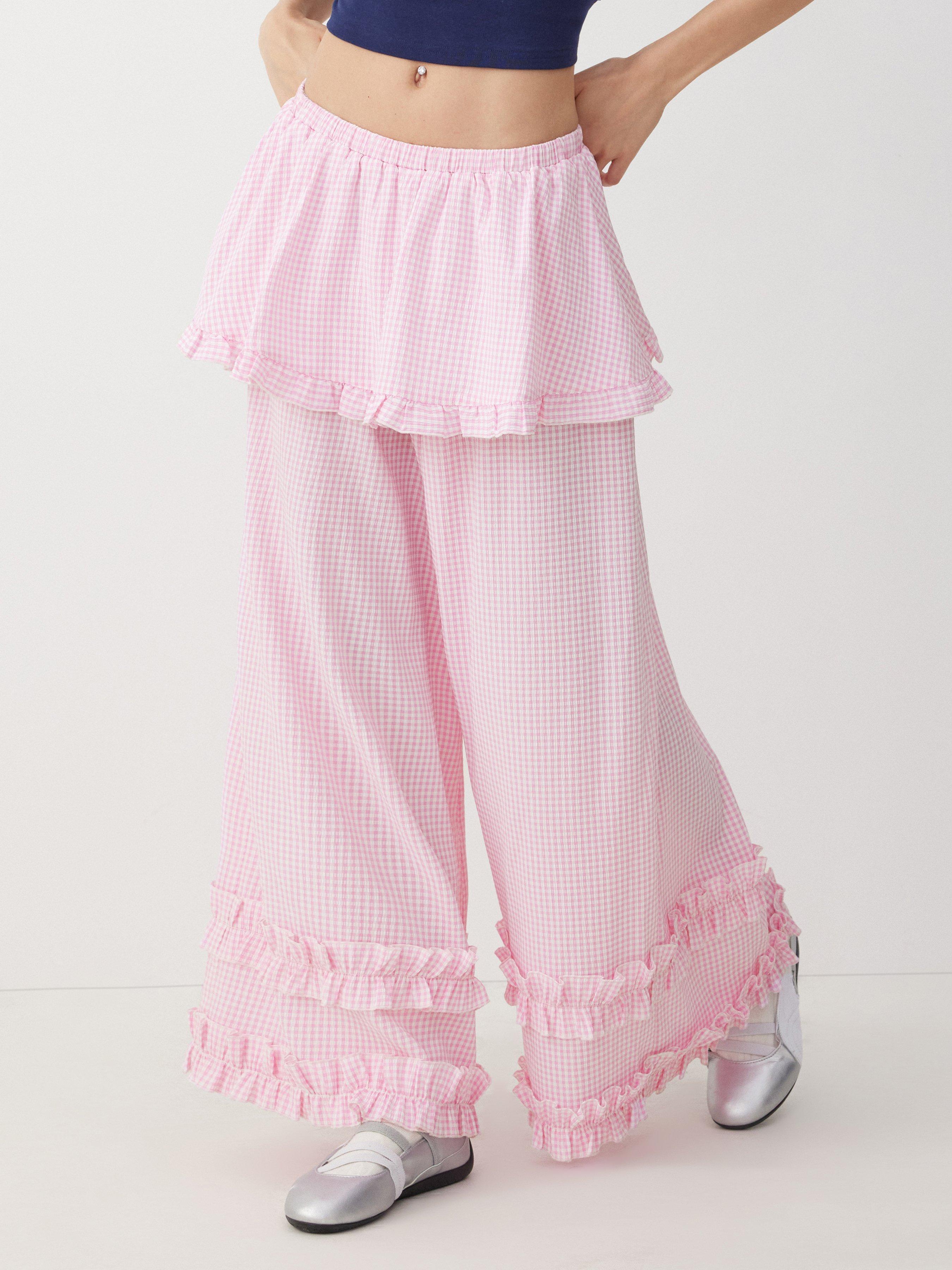 Gingham Mid Rise Ruffled Peplum Lettuce Trim Oversized Wide Leg Trousers by CIDER