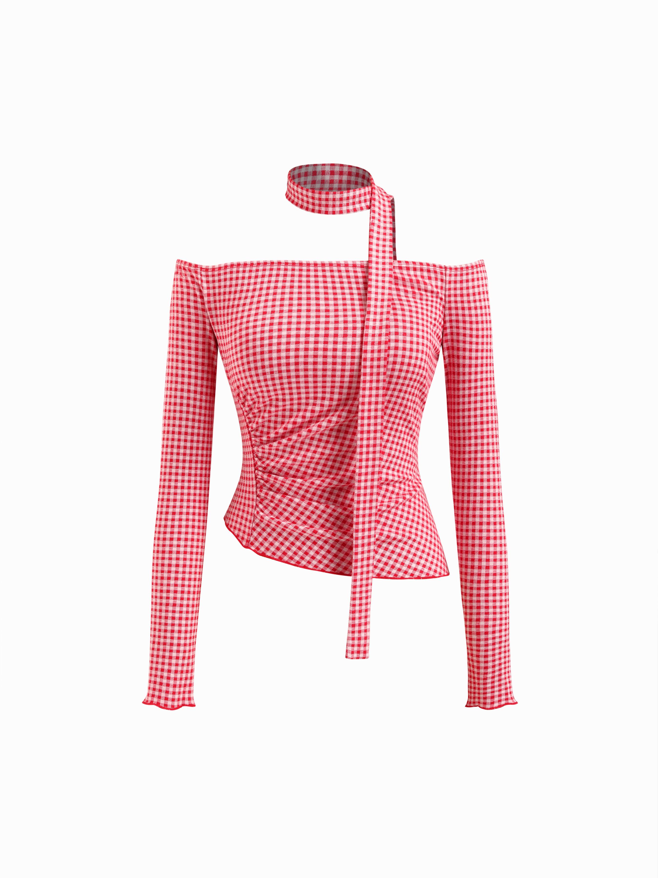 Gingham Off-shoulder Long Sleeve Ruched Asymmetrical Hem Top With Scarf by CIDER