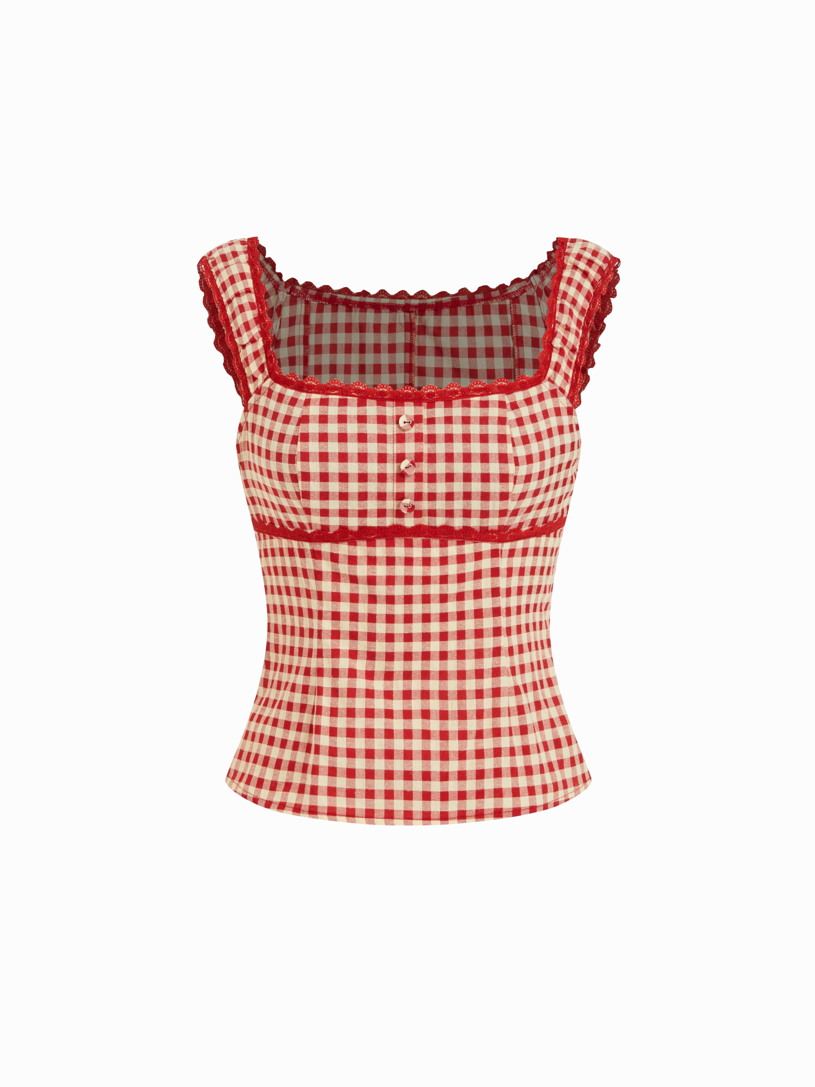 Gingham Square Neck Contrasting Lace Blouse by CIDER