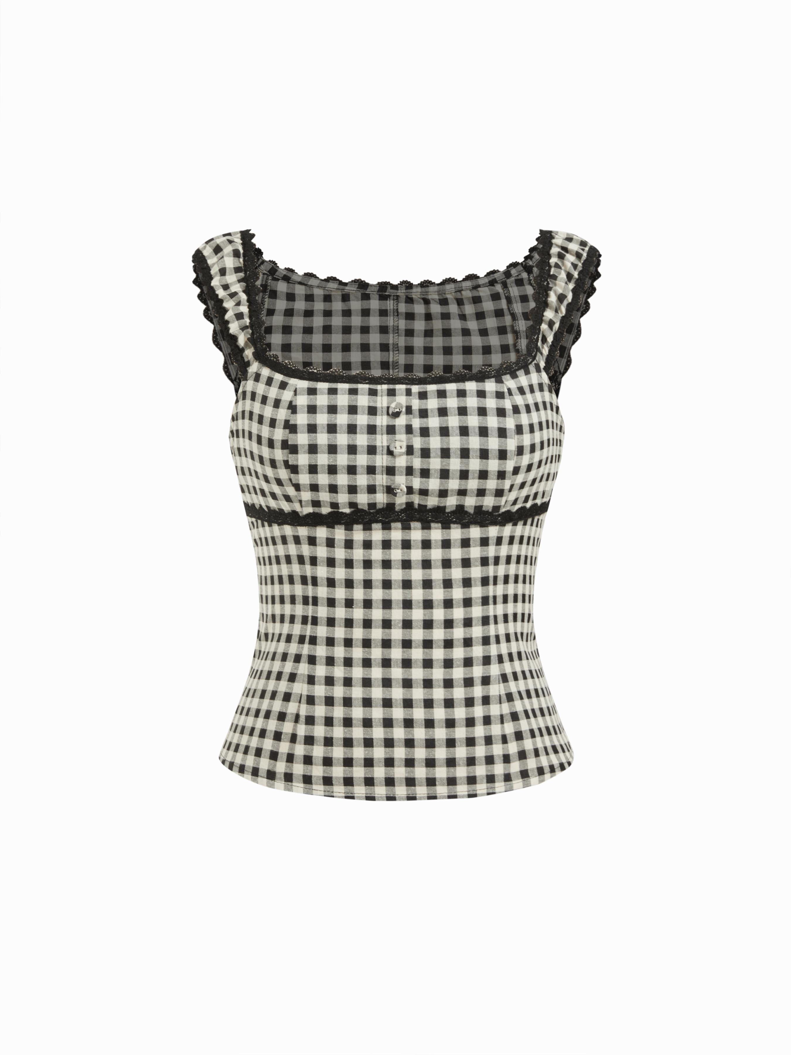 Gingham Square Neck Contrasting Lace Blouse by CIDER