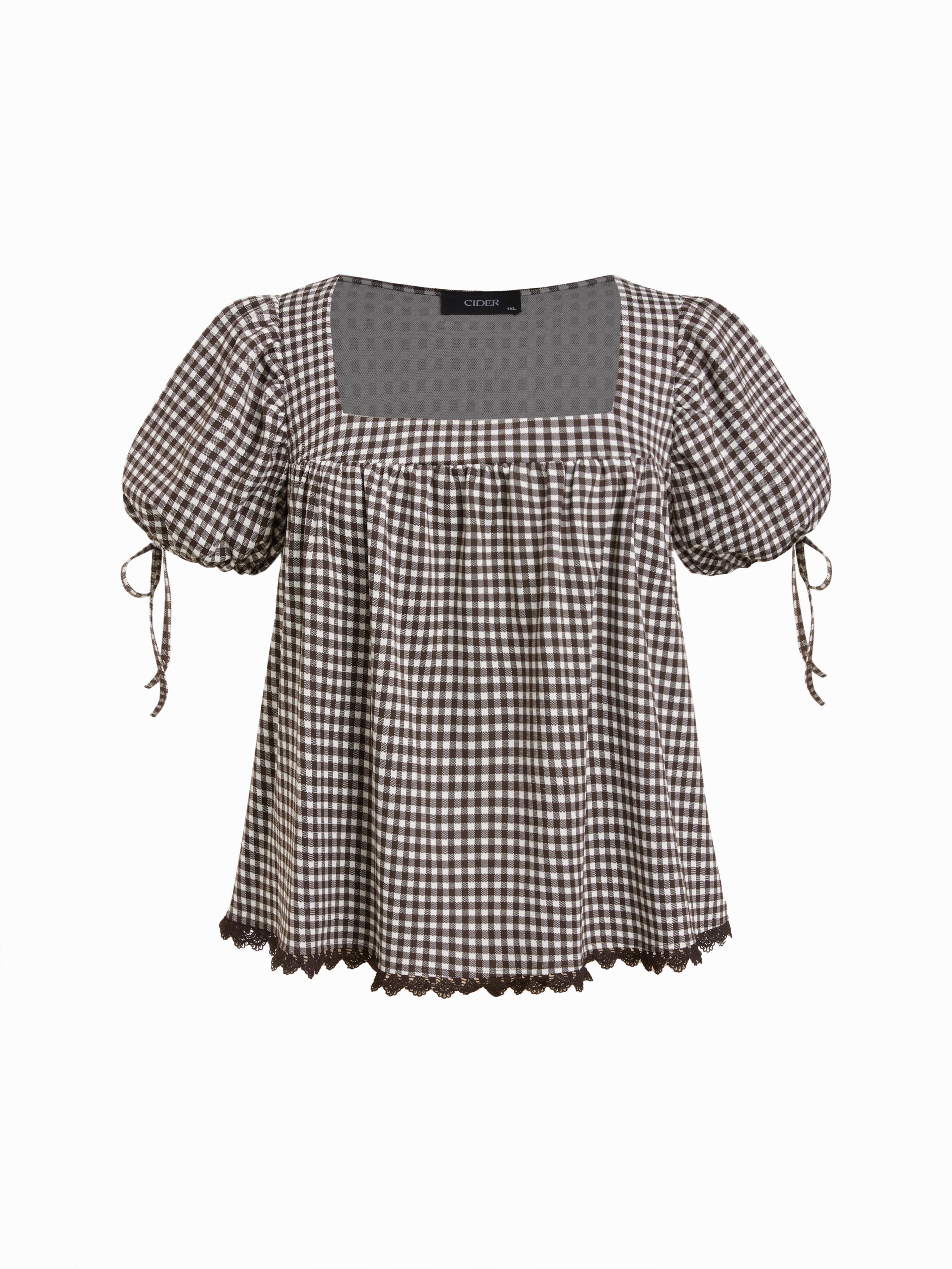 Gingham Square Neck Puff Sleeve Drawstring Blouse Curve & Plus by CIDER