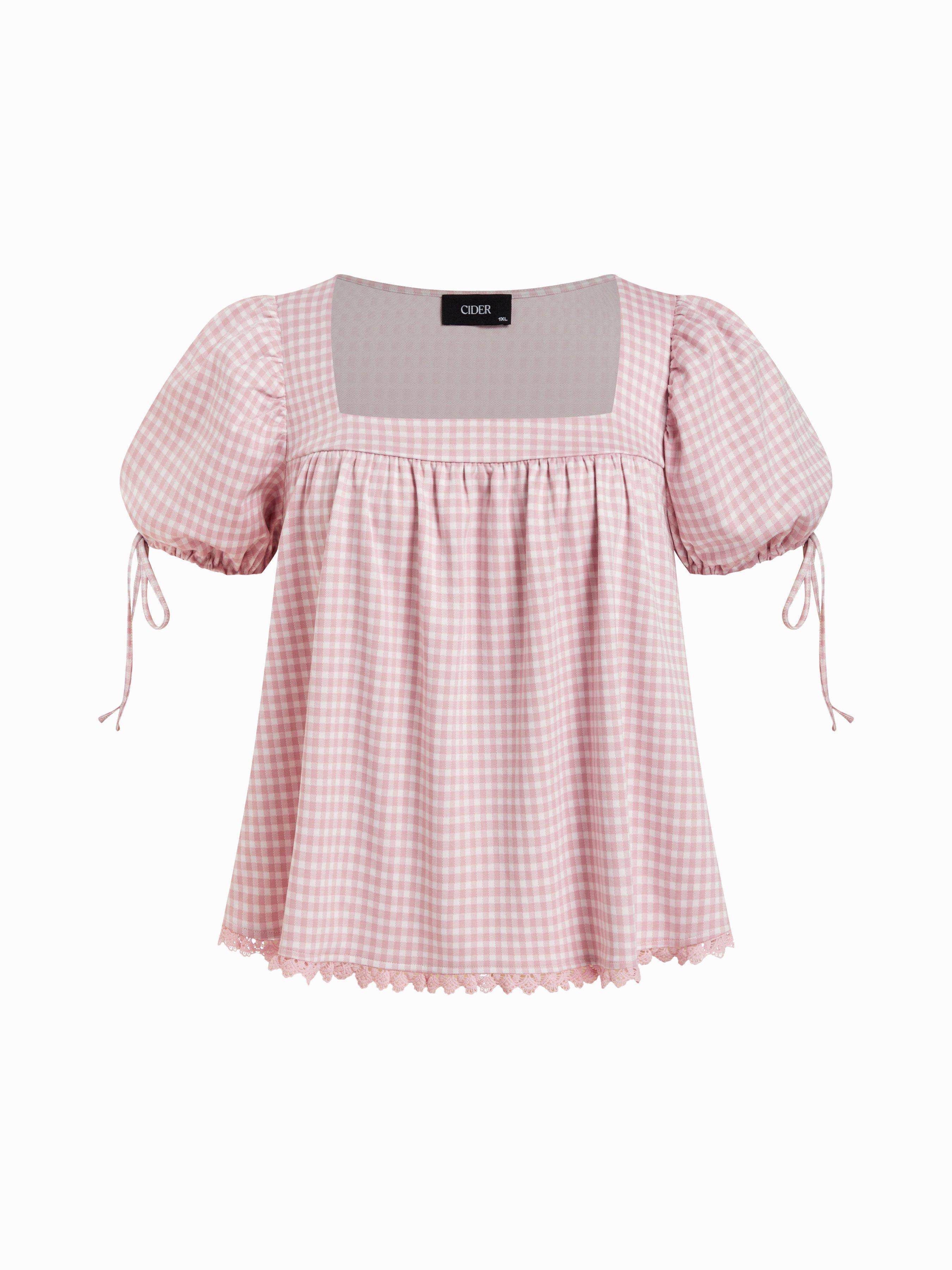 Gingham Square Neck Puff Sleeve Drawstring Blouse Curve & Plus by CIDER