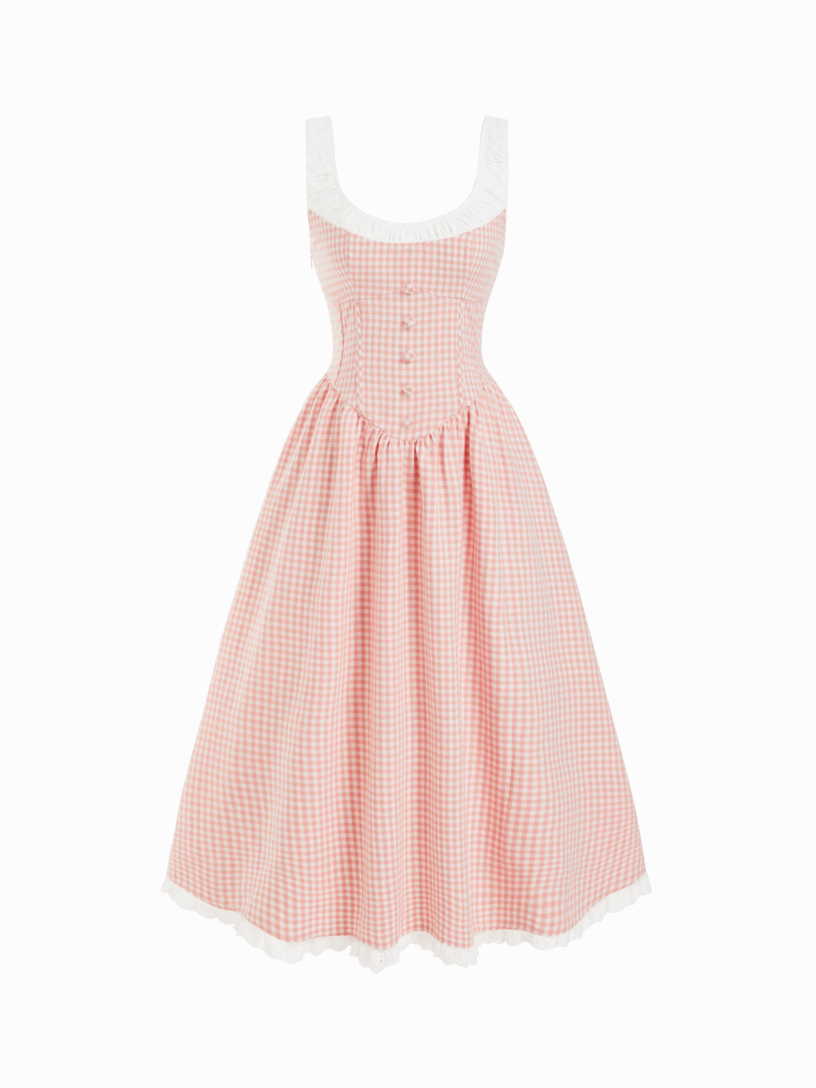 Gingham Square Neckline Lace Up Maxi Dress by CIDER