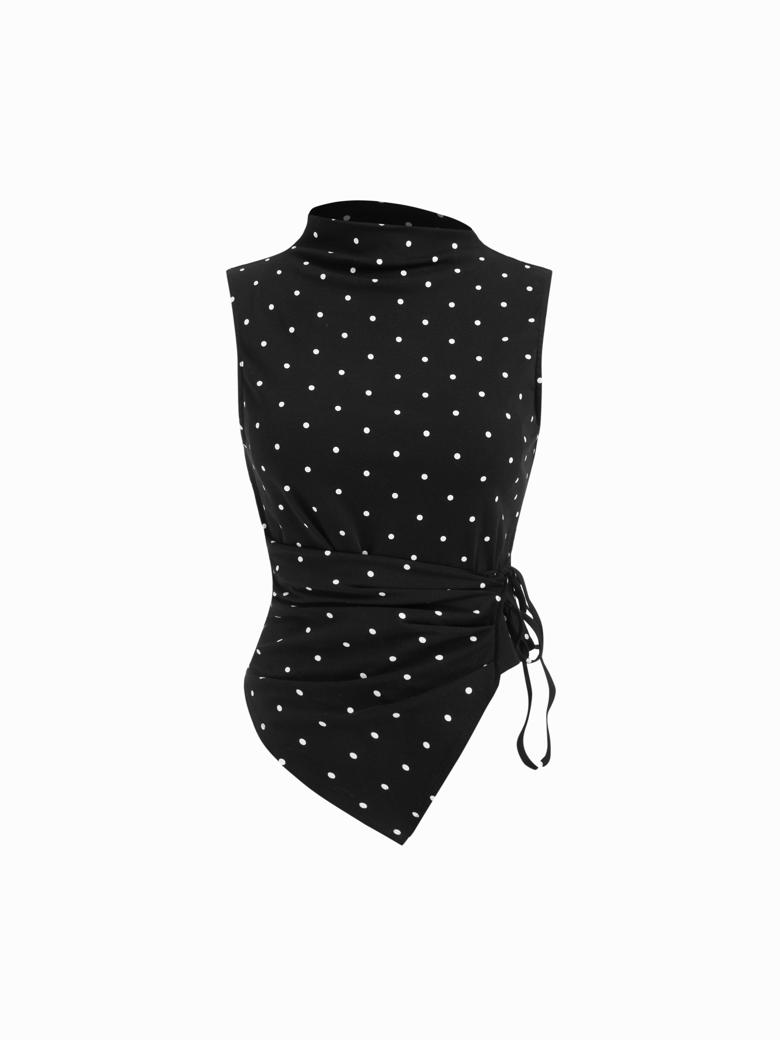 Gingham Stand Collar Asymmetrical Hem Ruched Knotted Top by CIDER