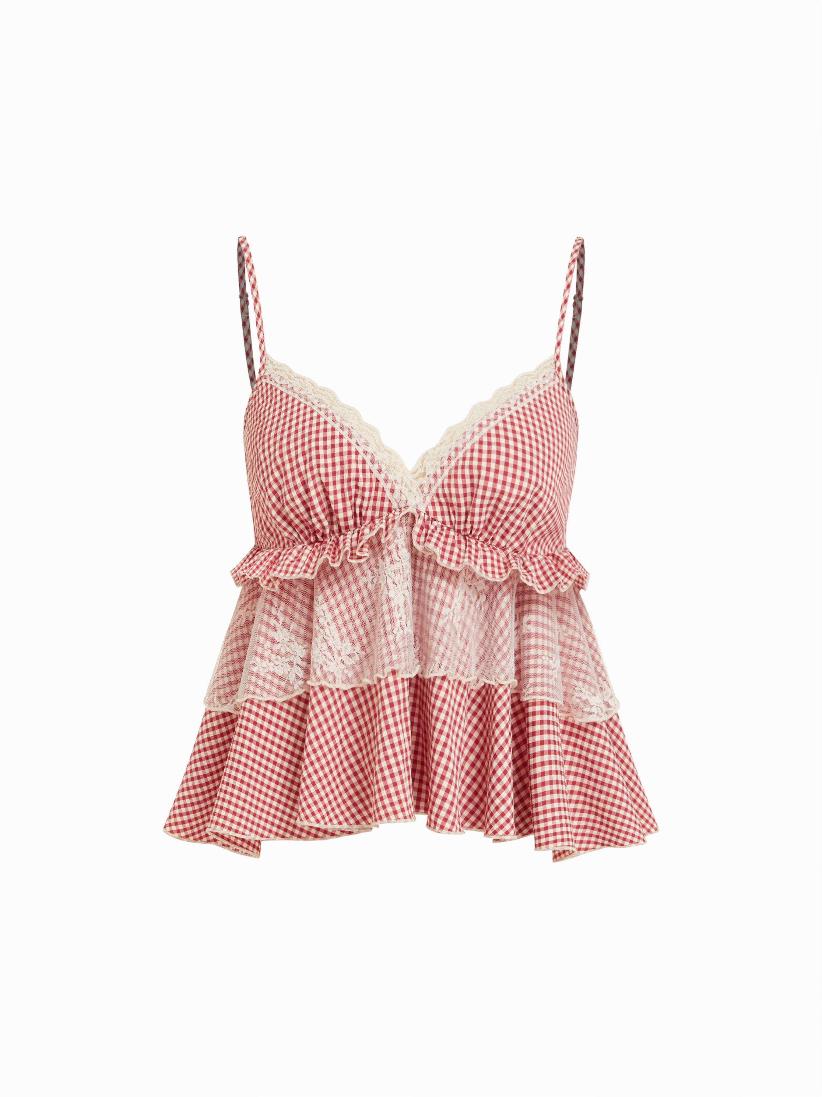 Gingham Sweetheart Lace Panel Ruffle Cami Top by CIDER
