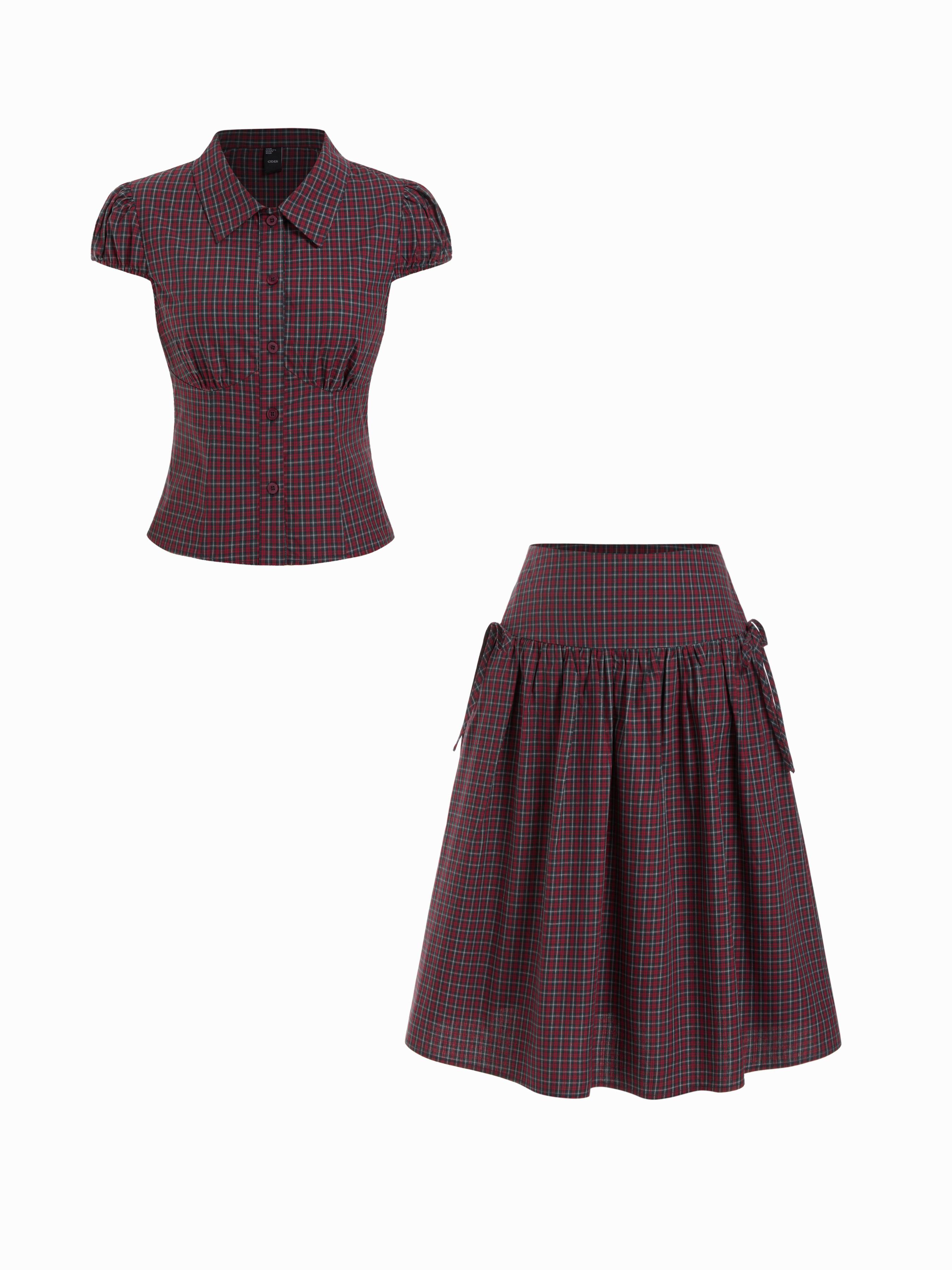 Gingham Top & Low Rise Drawstring Ruched Midi Skirt Set by CIDER