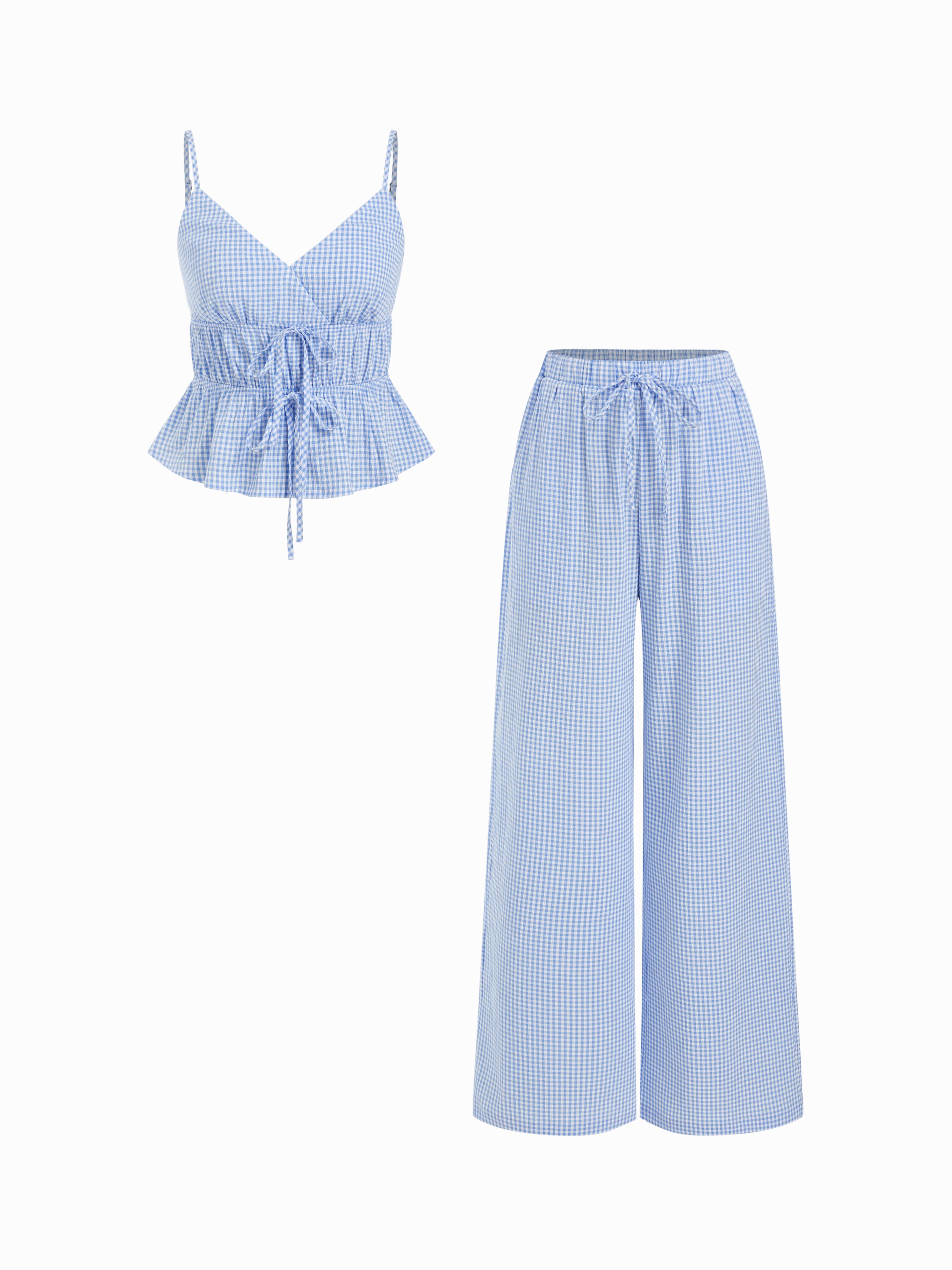 Gingham V-Neck Ruched Peplum Top & Mid Rise Wide Leg Trousers Set by CIDER