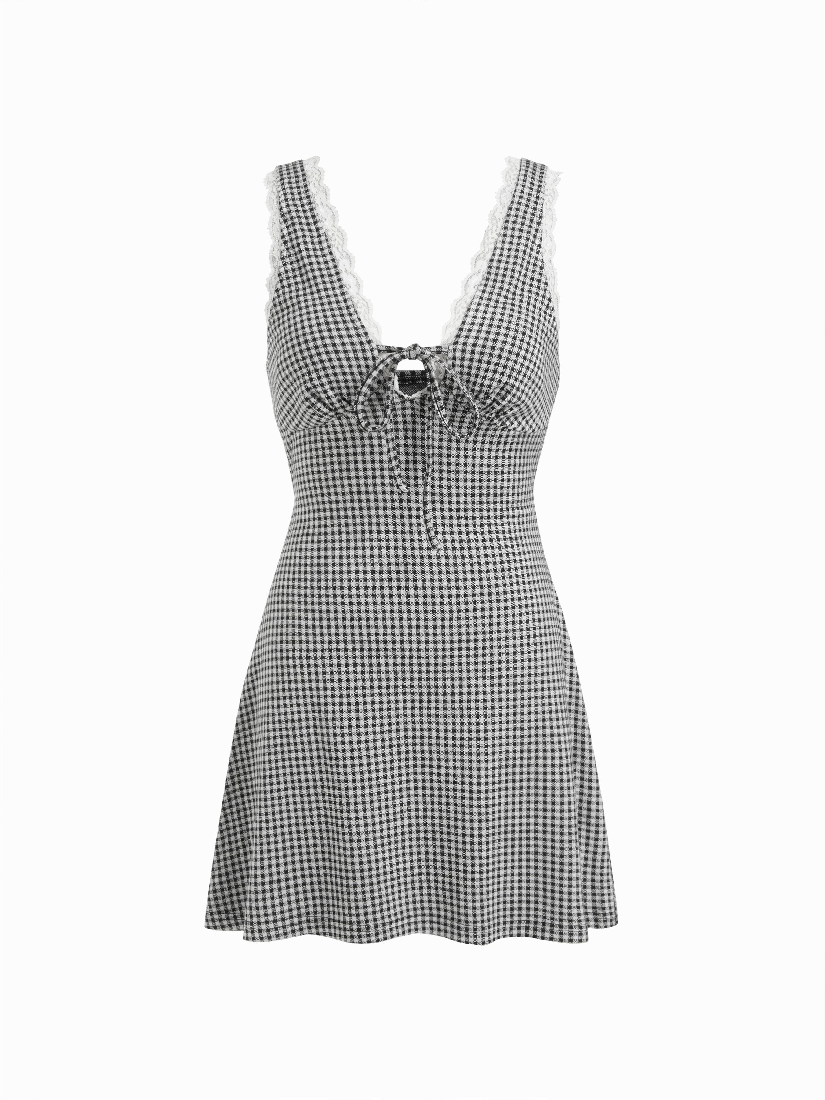 Gingham V-neck Lace Panel Slim A-line Mini Dress by CIDER