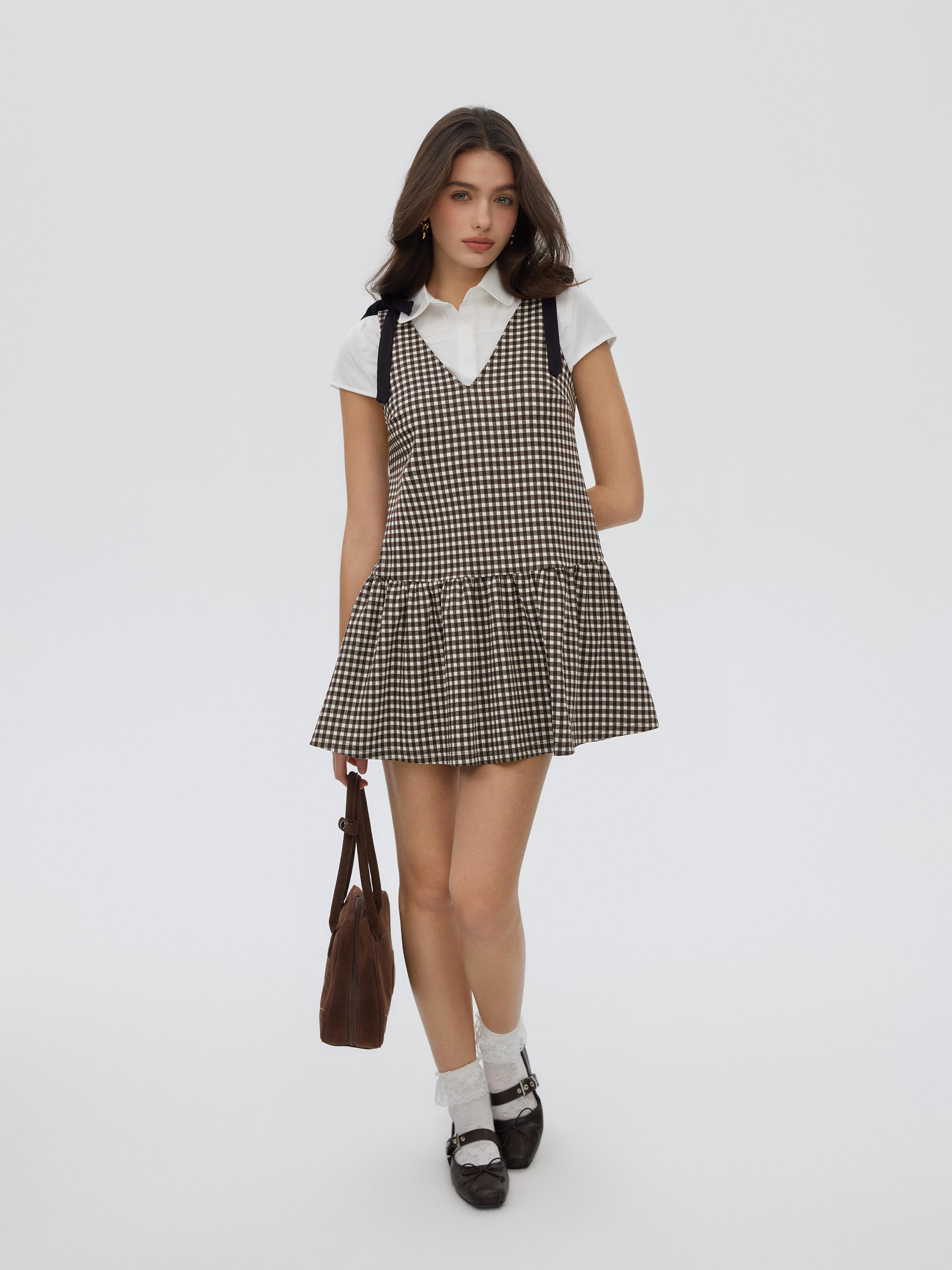 Gingham V-neck Mini Dress With Bowknot Tie Straps by CIDER