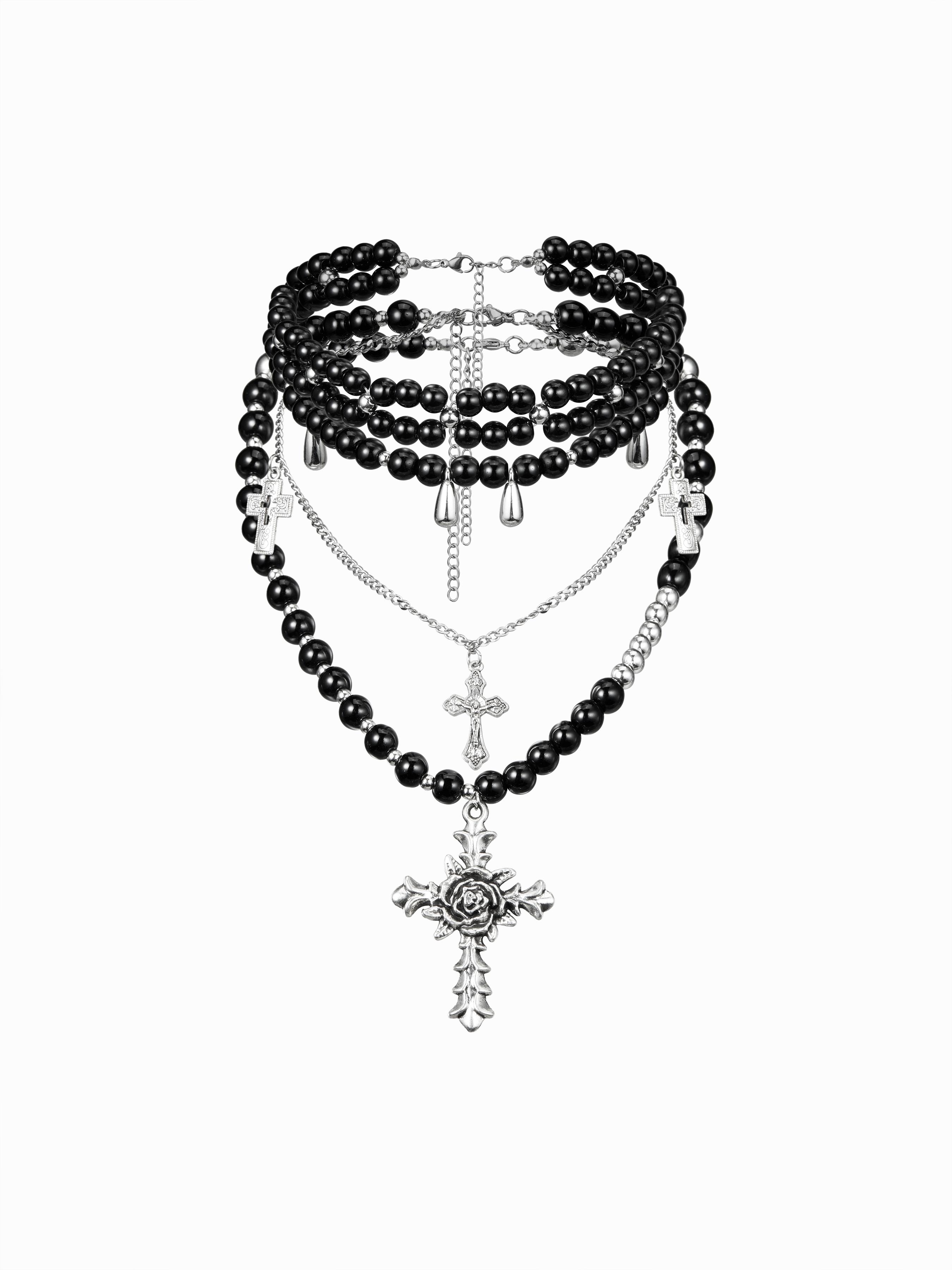 Graviertes Kreuz- und Faux-Perlen-Schichthalskette by CIDER Graviertes Kreuz- und Faux-Perlen-Schichthalskette by CIDER