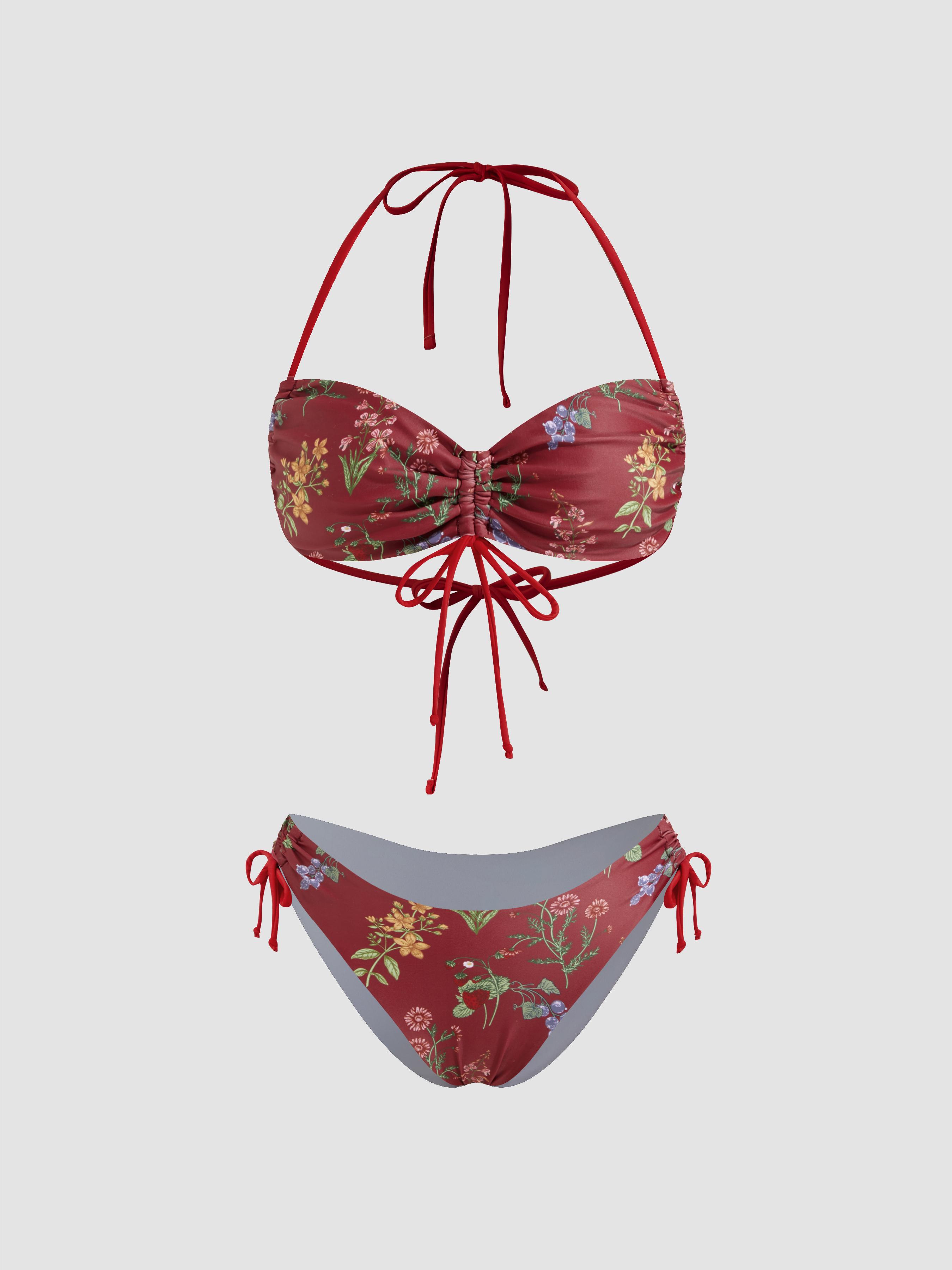 Halter Floral Bowknot Drawstring Bracelet Cheeky Bikini Swimsuit by CIDER