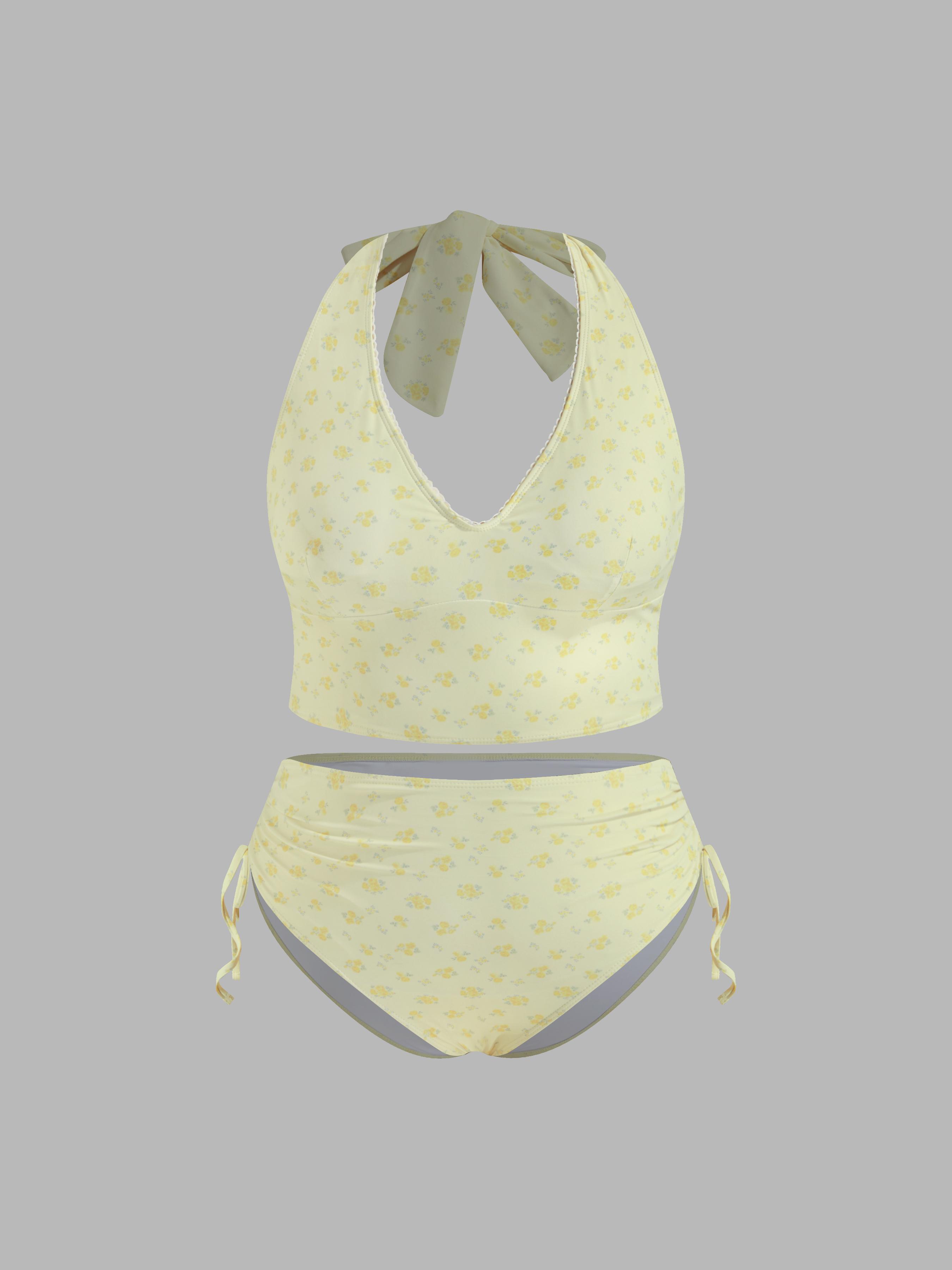 Halter Floral Drawstring Full Coverage Tankini Bikini Set Curve & Plus by CIDER