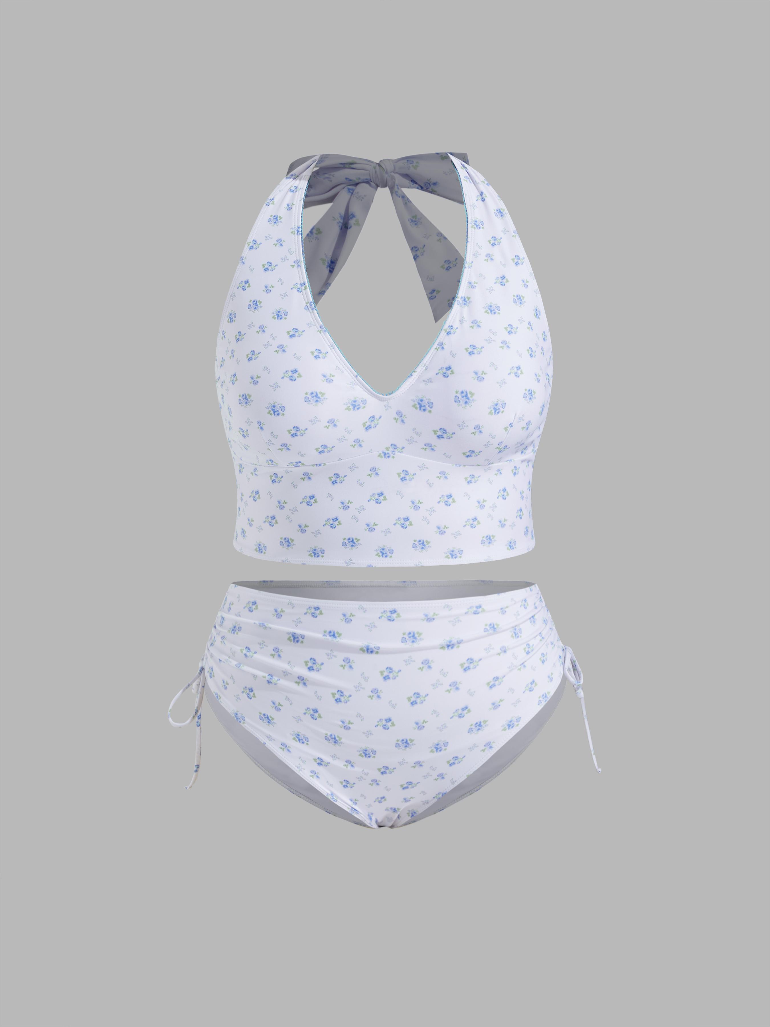 Halter Floral Drawstring Full Coverage Tankini Bikini Set Curve & Plus by CIDER